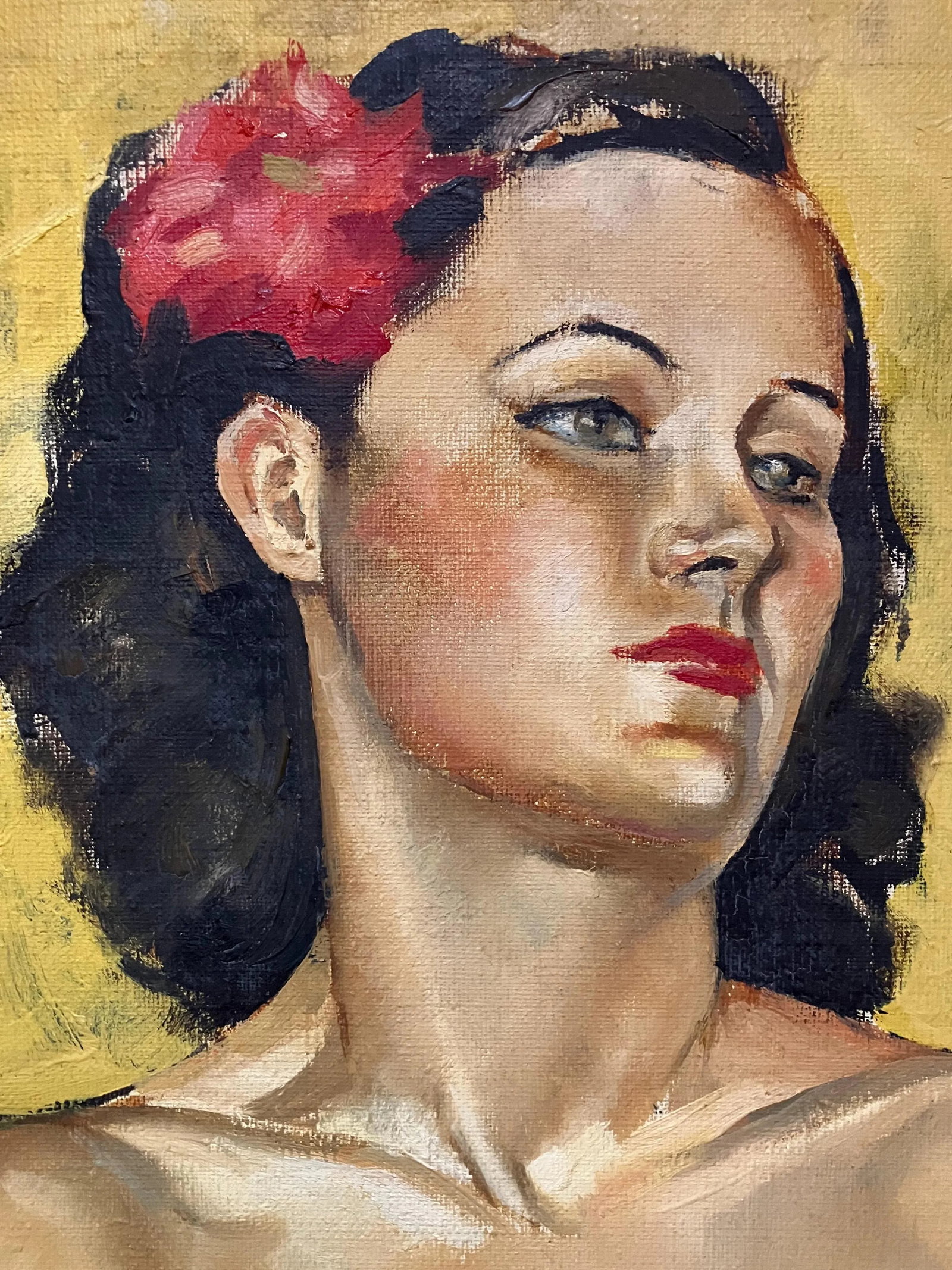 Gorgeous Mid-Century Colorful Portrait of a Woman in White With a Flower in Her Hair - 3