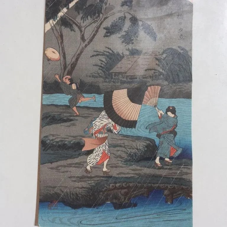 1920s Hiroaki Takahas Japanese Woodblock Print "Thunderstorm at Tateishi" Signed C1925 - 2