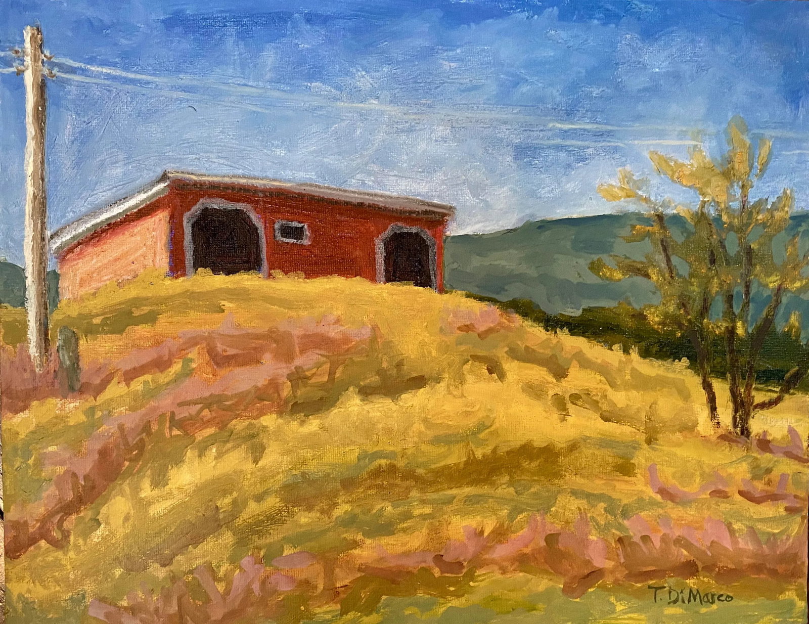 Contemporary Landscape Oil Painting, "Barn at Ft Lewis" by Teresa DiMarco: Original oil painting on canvas board. Titled "Barn at River's Edge" by Richmond Virginia artist Teresa DiMarco. Painted en plein air (in the open air) on site in Bath County, Virginia, in the