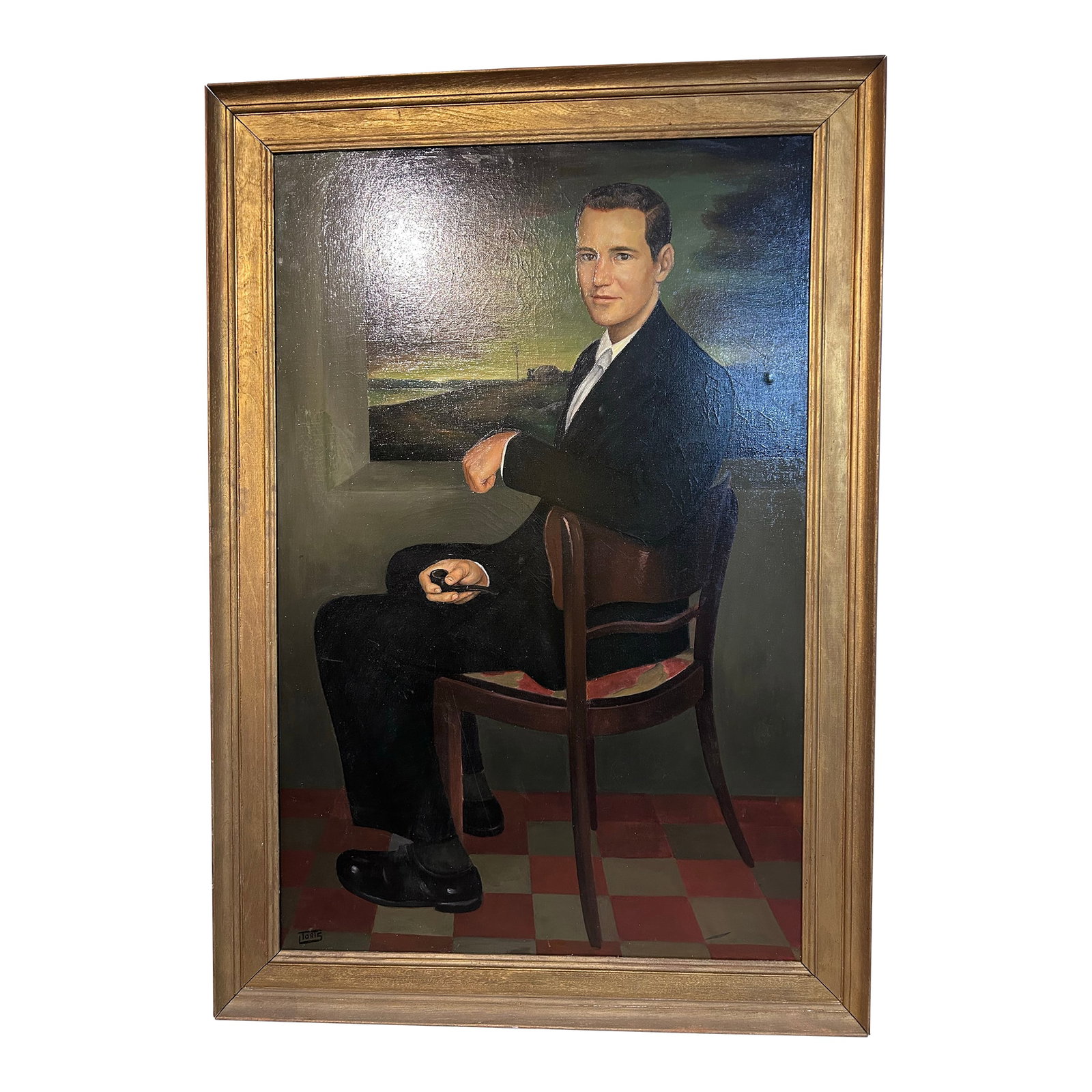 Mid 20th Century Oversized Oil Painting on Canvas, Full Height, Portrait of a Handsome Gentleman: Handsome oversized, artist signed, vintage sitting portrait of a young man custom framed in a chunky gilt frame. Truly, a very stately fun statement piece. Condition: Alterations: Original Condition U
