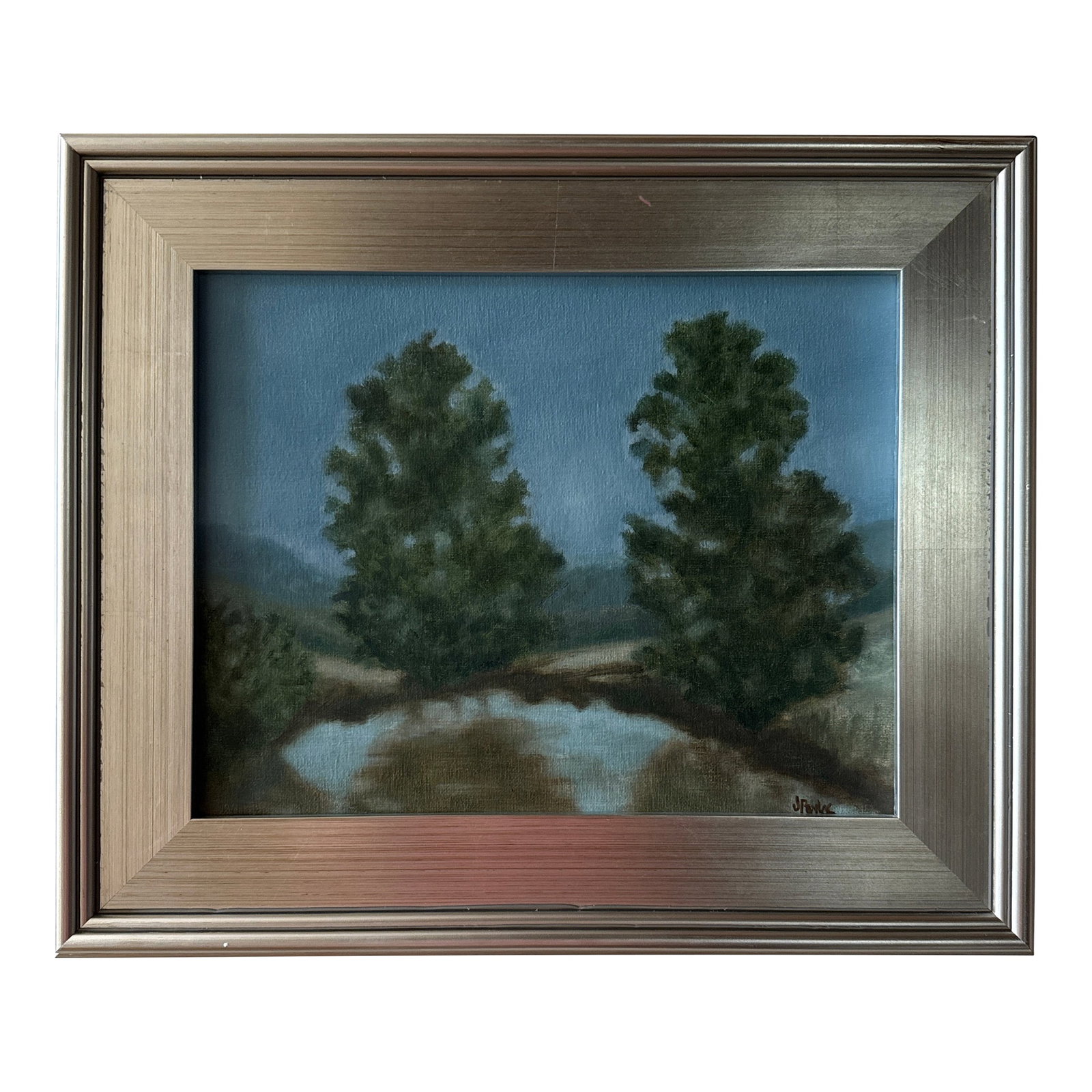 Framed Original Abstract Landscape: Original oil painting by Jill Pavlas, custom framed as shown, depicting an ethereal landscape scene with subtle colors. Condition: Alterations: Original Condition Unaltered Imperfections: Some