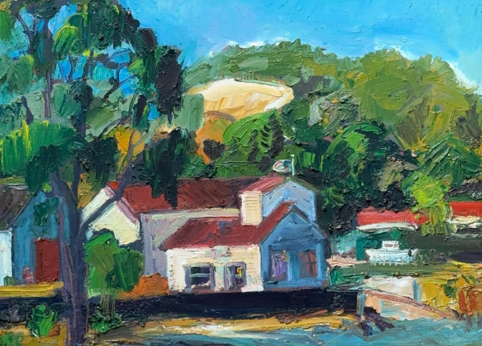 Oil Painting Fort Baker Bay Area Plein Air Hartman: James painted this plein air oil on canvas at the edge of the Golden Gate Bridge. The expressionist brushwork works towards Impressionism. At 24" x 32", ready to hang. Condition: Imperfections: No Imp