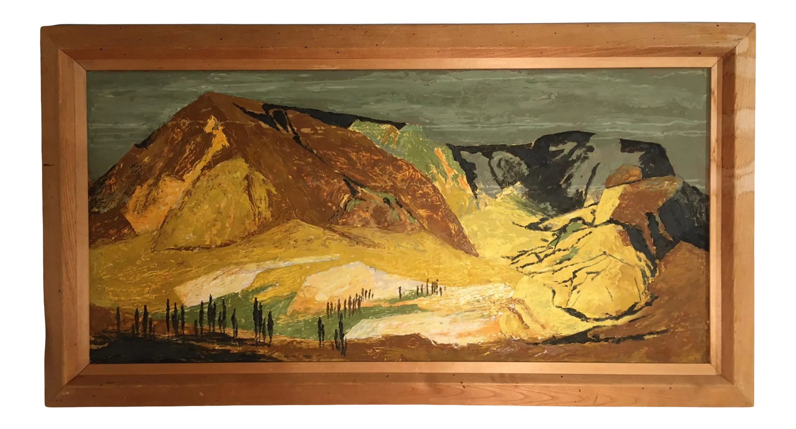 Vintage Abstract Mountainous Landscape Oil Painting Attributed to Ethel Magafan, Framed: Beautiful oil on Masonite landscape painting. This piece features bold contrasting colors with sharp edged lines. It depicts a mountainous landscape. Modestly framed it is attributed to the famous