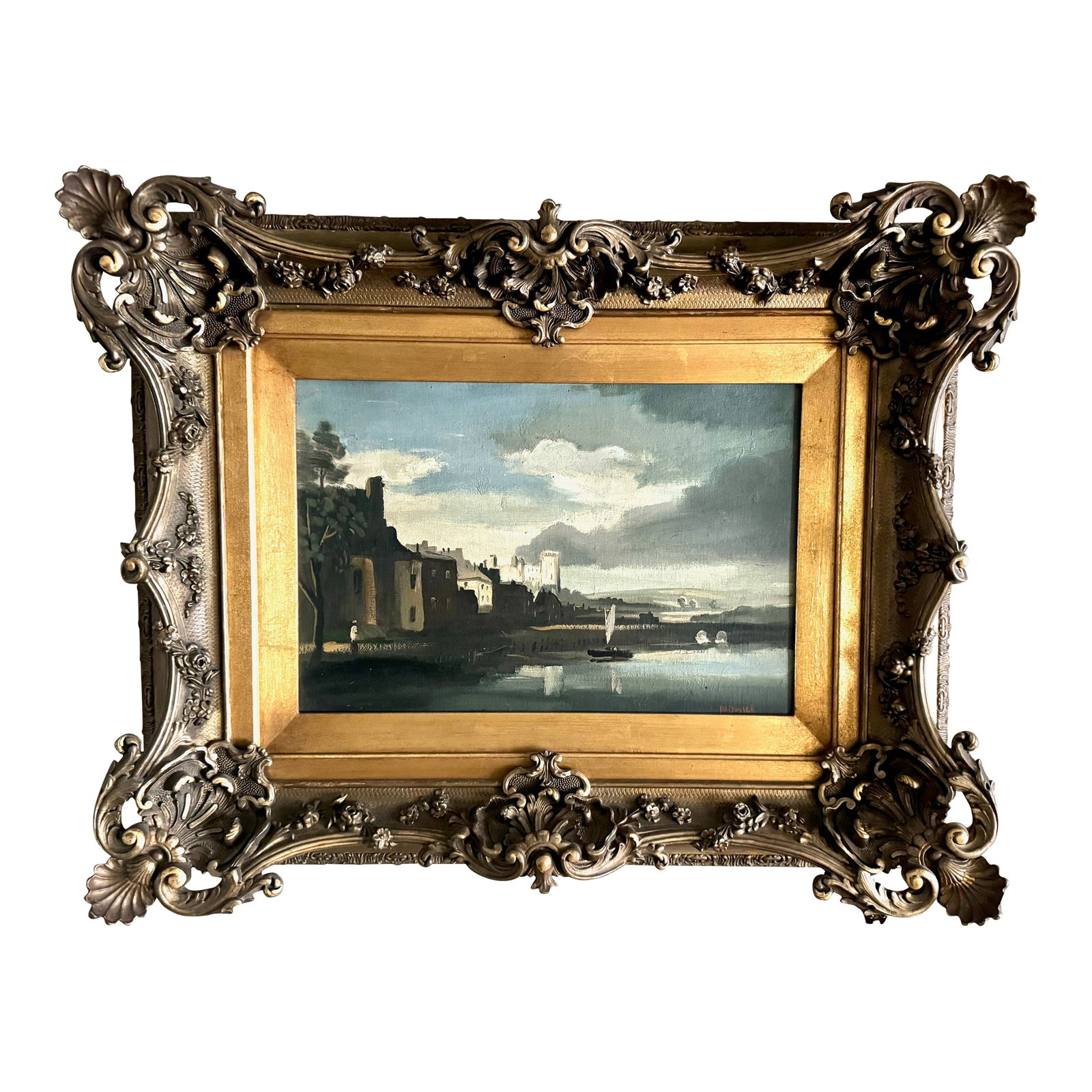 Signed Original Philip Hugh Padwick Oil on Board in Extraordinary Period Frame: Signed Original Philip Hugh Padwick Oil on Board in Extraordinary Period Frame. Harbor scene with a person on shore as shown. Very good antique condition. Would benefit from a light cleaning. The