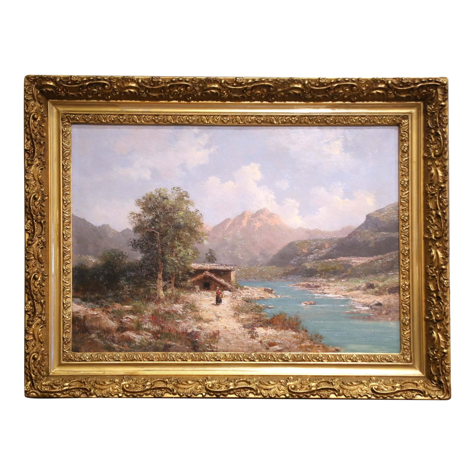 19th Century French Oil on Canvas Landscape Painting Signed Emile Godchaux, Framed: Painted by the accomplished French academic artist Emile Godchaux (1860-1938), this evocative oil on canvas captures a serene mountain river scene with remarkable detail and atmosphere. Signed in the 
