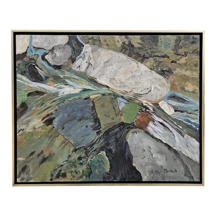 "Source of the Stream" Abstract Landscape Painting by Laurie MacMillan, Framed: The artist has always been an outdoors enthusiast, and especially loves mountains and hiking along streams. She has hiked in all the major European countries (including at the source of the Danube),