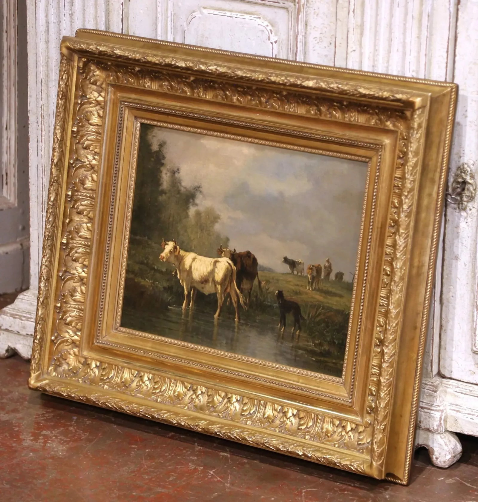 19th C. Spanish Oil Painting of Cattle Signed Antonio Cortes in Giltwood Frame - 2