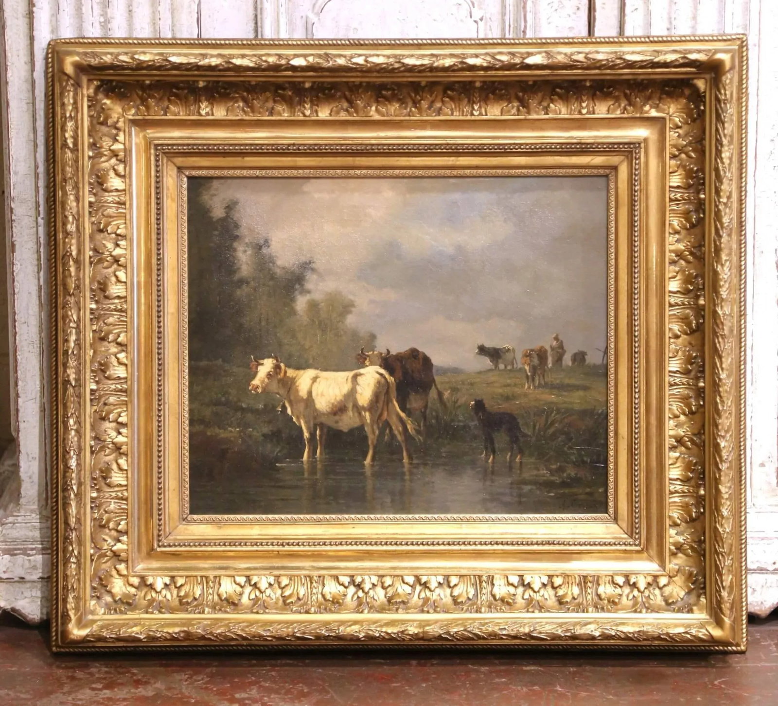 19th C. Spanish Oil Painting of Cattle Signed Antonio Cortes in Giltwood Frame - 6