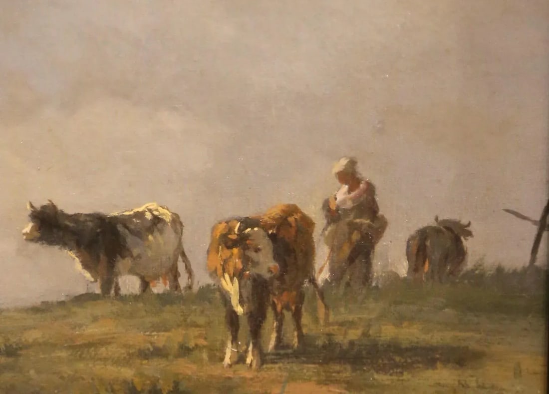 19th C. Spanish Oil Painting of Cattle Signed Antonio Cortes in Giltwood Frame - 7