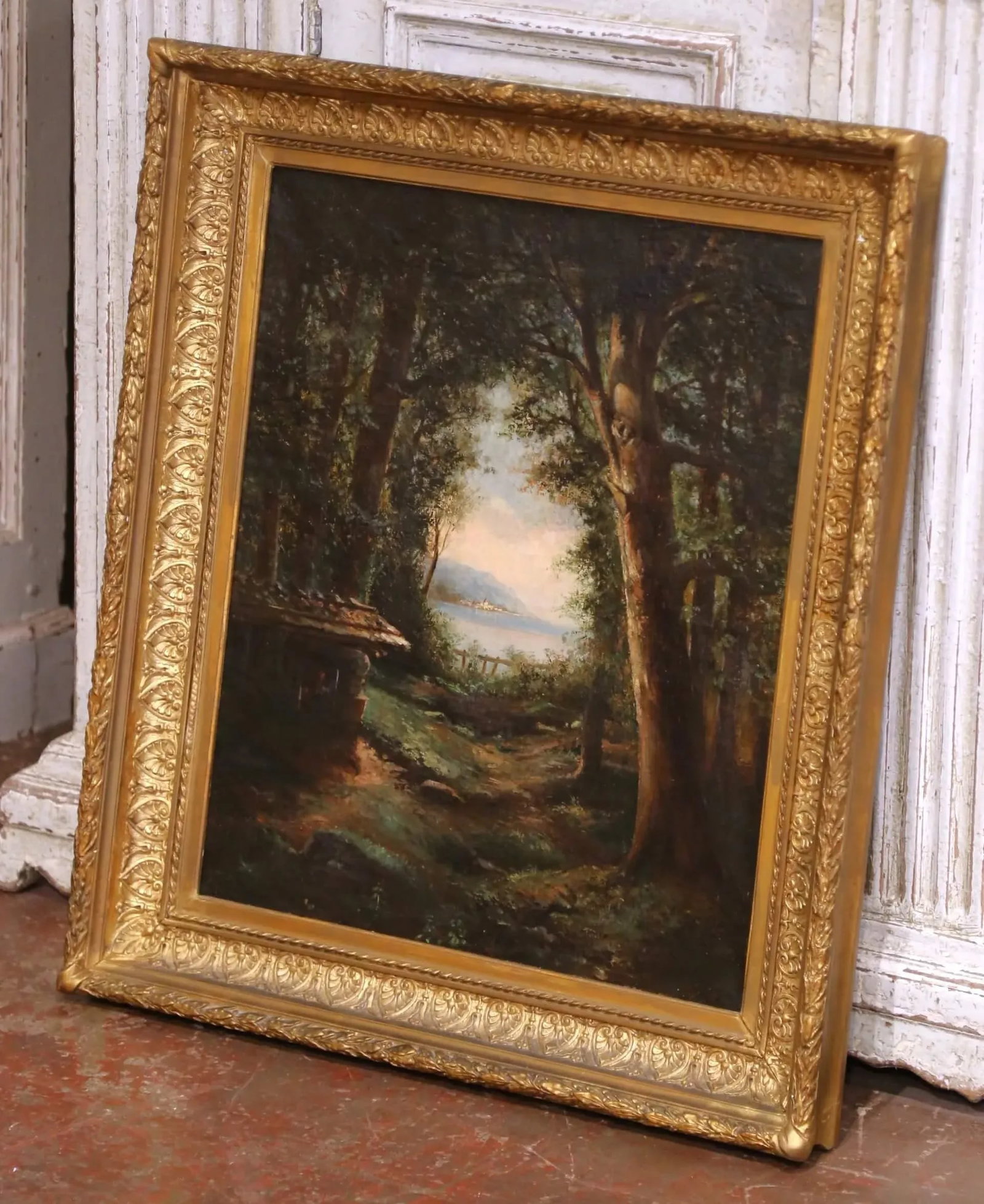 19th C. French Barbizon School Oil on Canvas Landscape in Giltwood Frame Signed - 2