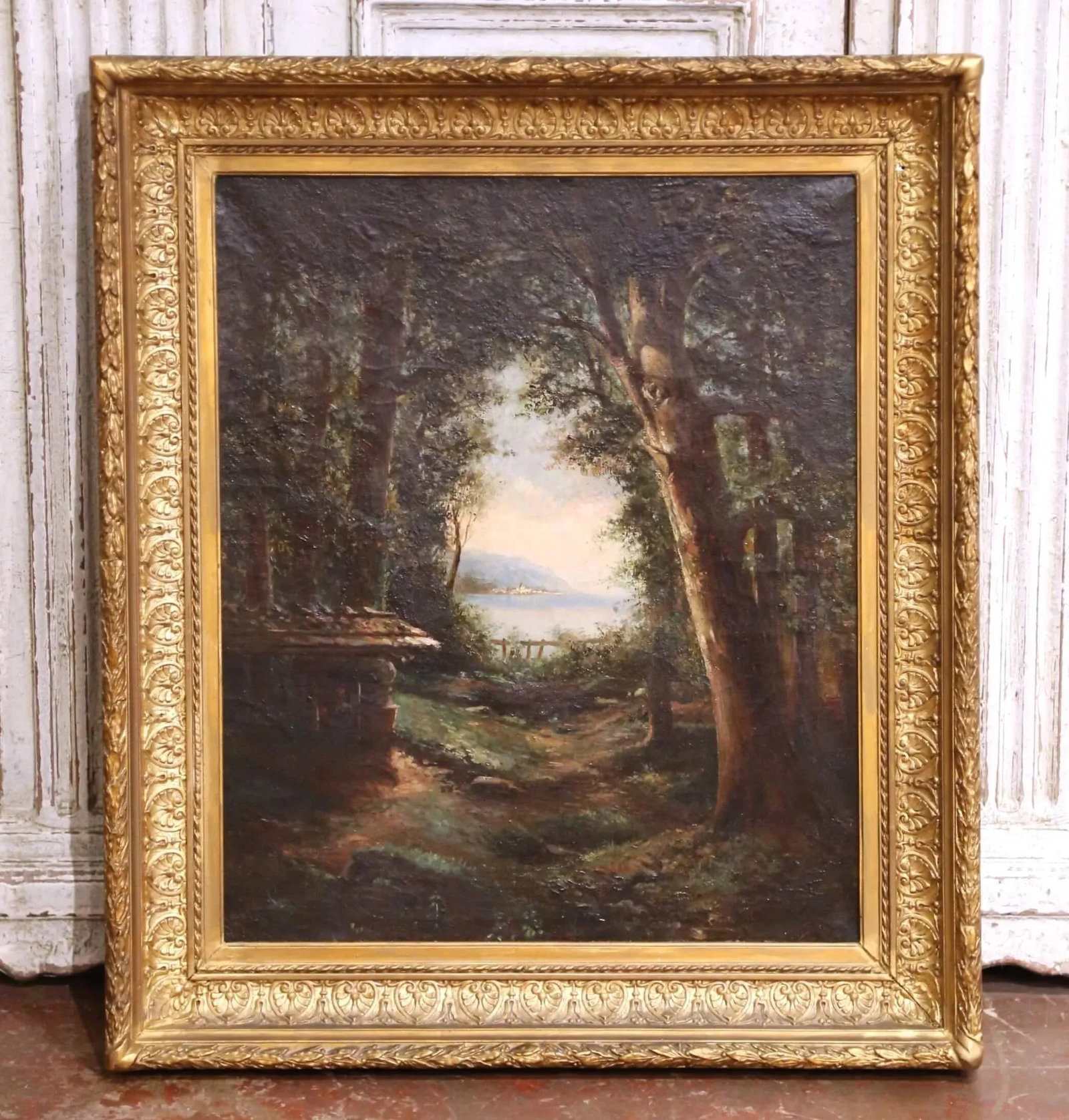 19th C. French Barbizon School Oil on Canvas Landscape in Giltwood Frame Signed - 4