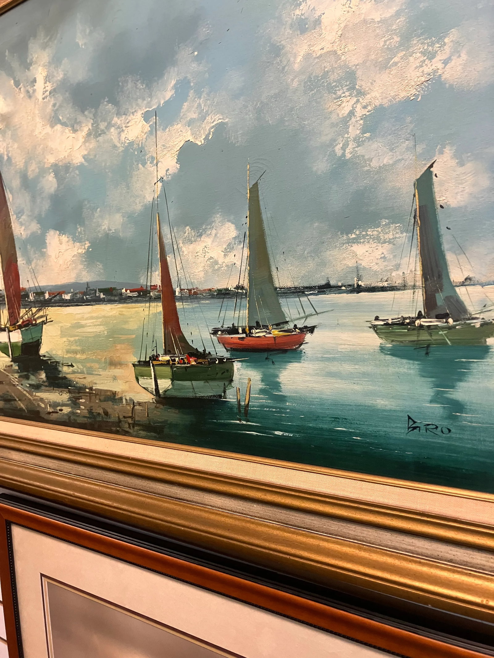 1980s Nautical Large Oil on Canvas Sailboats Signed Unknown., Framed - 10