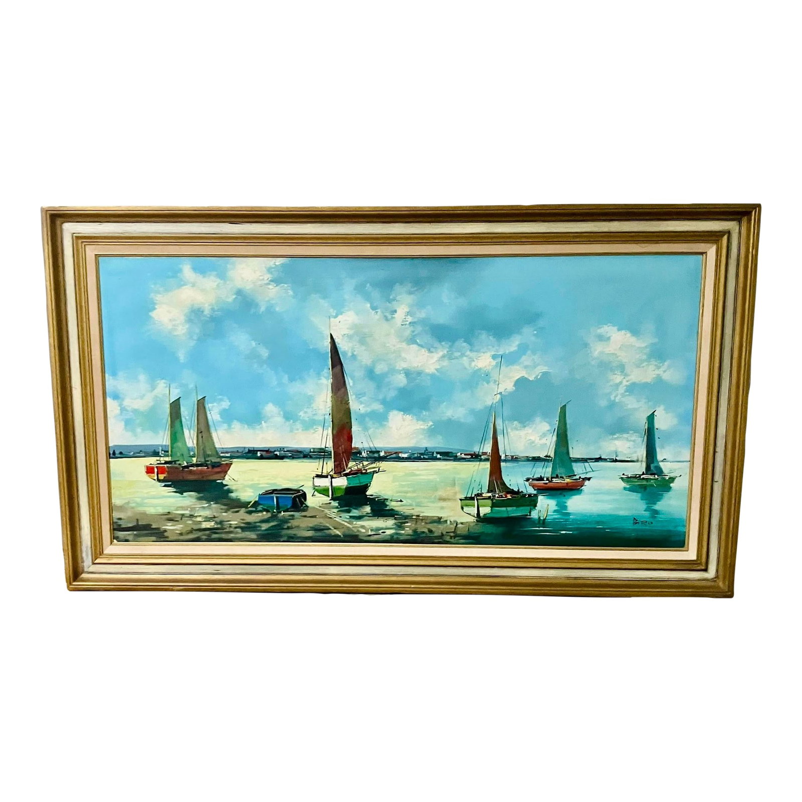 1980s Nautical Large Oil on Canvas Sailboats Signed Unknown., Framed: Large frame nautical coastal Painting of sailboats. Beautiful colors that would blend into a Beach home, library or main wall of any sailing enthusiastic. Parents had summer home on the coast of NJ.