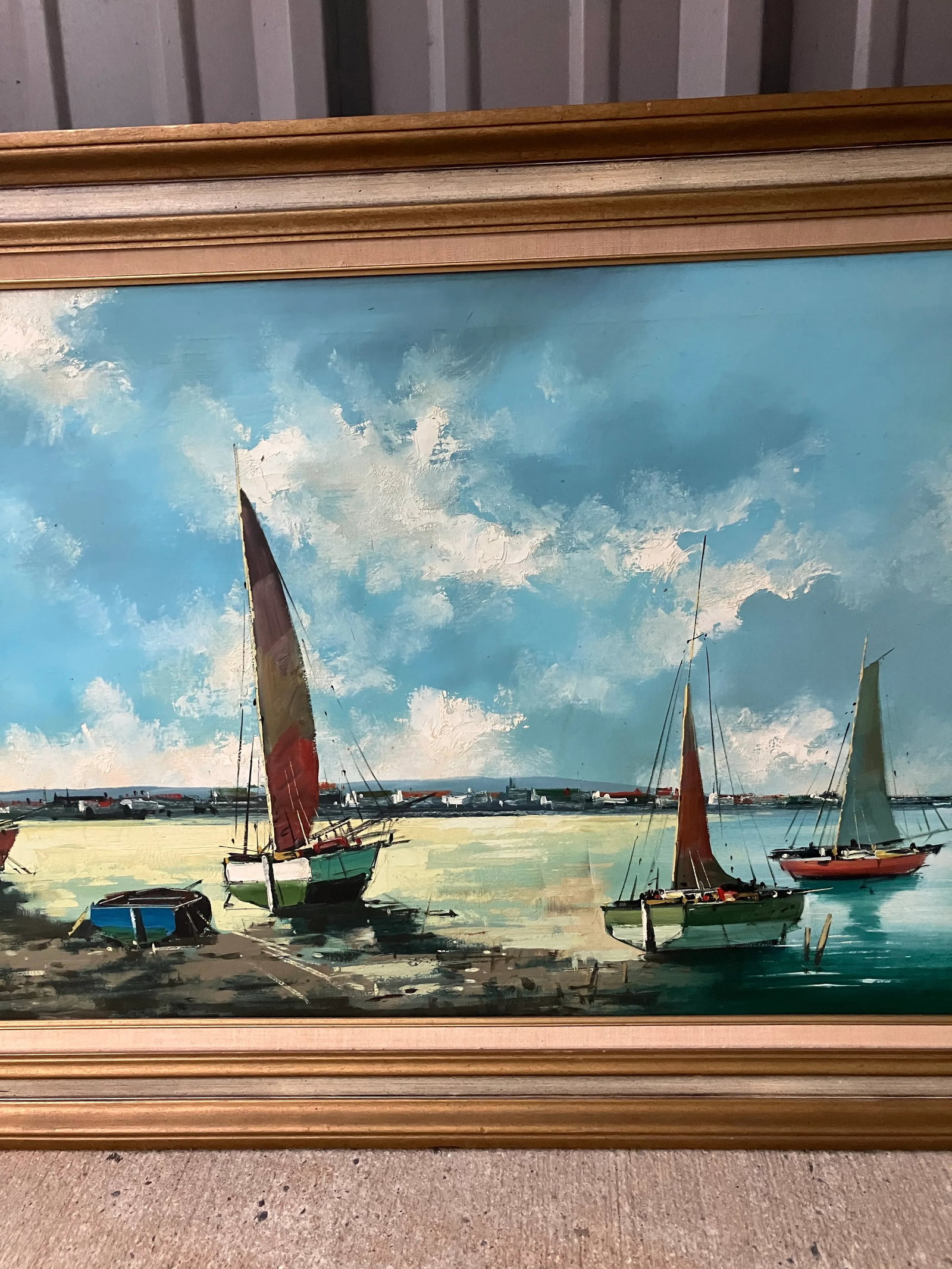 1980s Nautical Large Oil on Canvas Sailboats Signed Unknown., Framed - 2