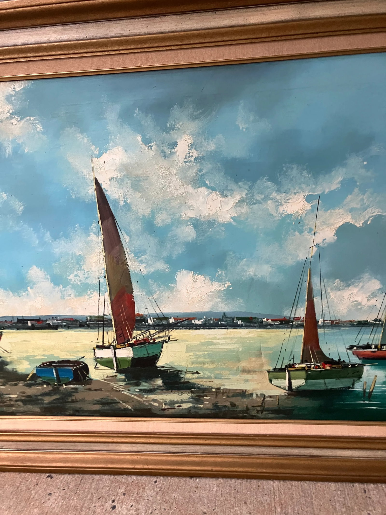 1980s Nautical Large Oil on Canvas Sailboats Signed Unknown., Framed - 3