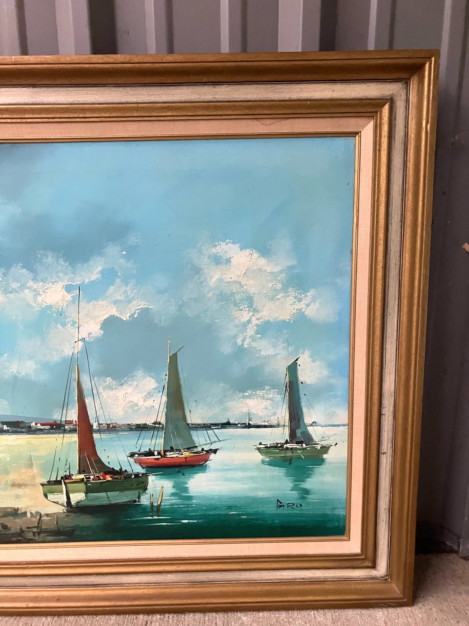 1980s Nautical Large Oil on Canvas Sailboats Signed Unknown., Framed - 4