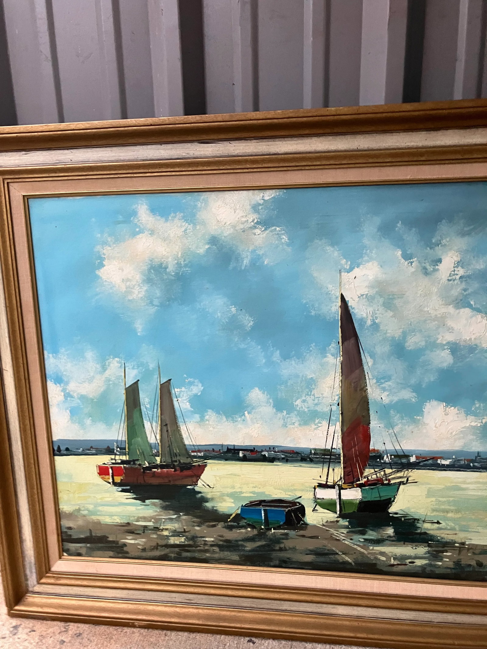 1980s Nautical Large Oil on Canvas Sailboats Signed Unknown., Framed - 5