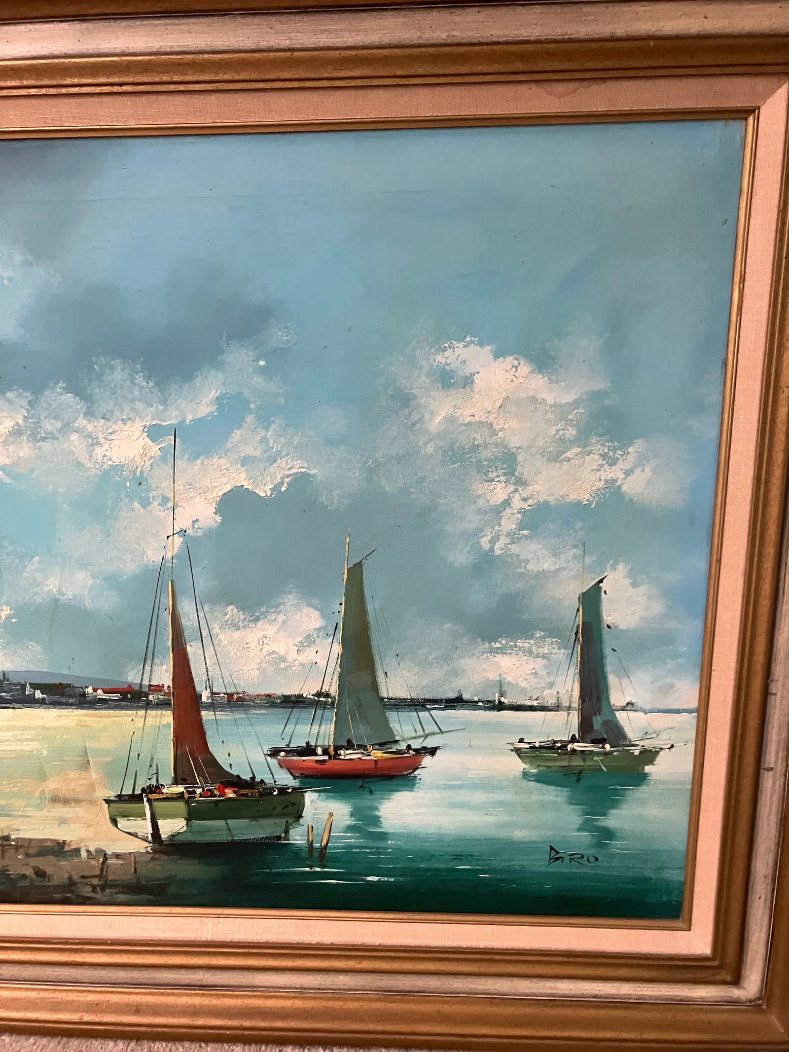 1980s Nautical Large Oil on Canvas Sailboats Signed Unknown., Framed - 6