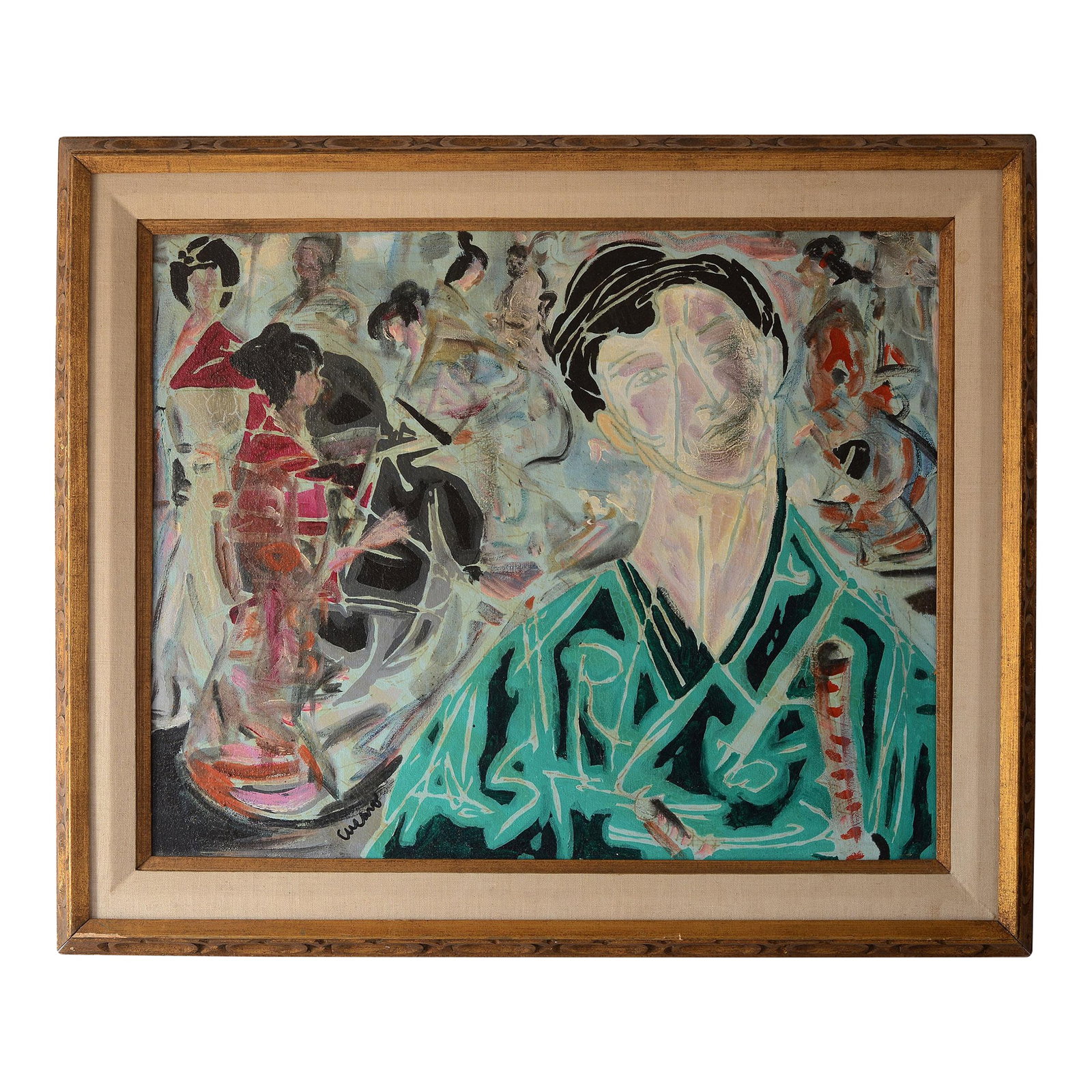 Mid Century Pascal Curaro Abstract Geishas Painting: Mid century era oil on canvas with a semi abstract depiction of geishas by Pascal Curaro (2004-2015) with a beautiful hand-carved wooden frame in gold leaf finish. Condition: Alterations: Original Con