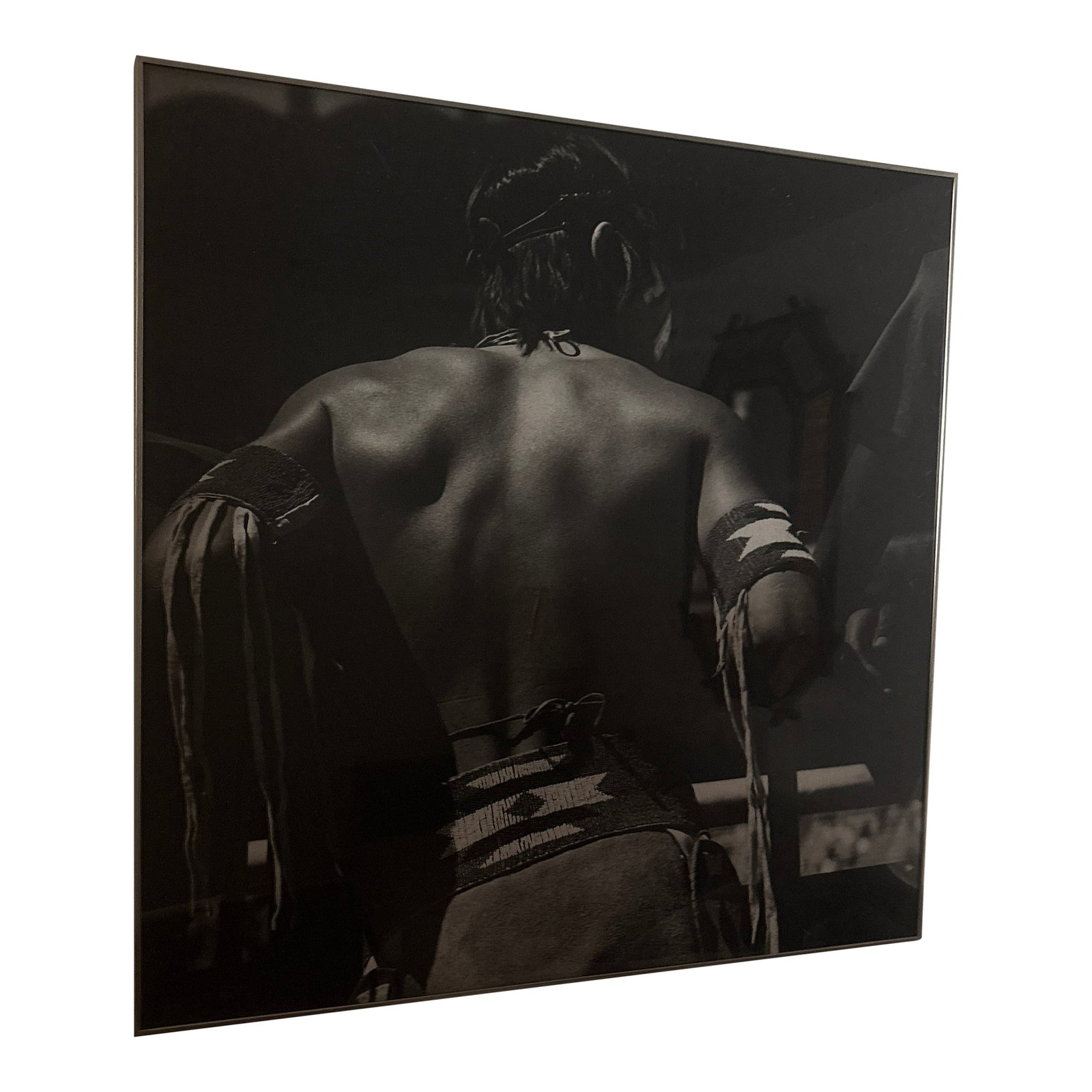 1990s Native American Art, Framed: Young Native American, dramatically pictured from the back. In traditional garments. Evocative and subtle but dramatic when hung. Huge 40"x40" Project 562 is a multi-year national photography project 