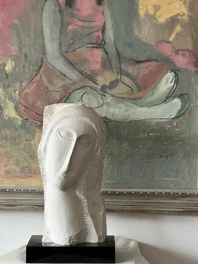 1980s Modigliani Inspired David Fisher Woman Head Bust Tete Sculpture Austin Prods - 3