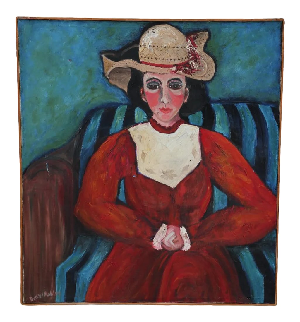1980s "Easter Hat" Impressionist Portrait of a Woman: Portrait of a women in a red dress with a straw hat. The portrait is in the style of famous Italian painter Amedeo Modigliani. The work is signed by the artist, titled and dated. Dimensions without Fr