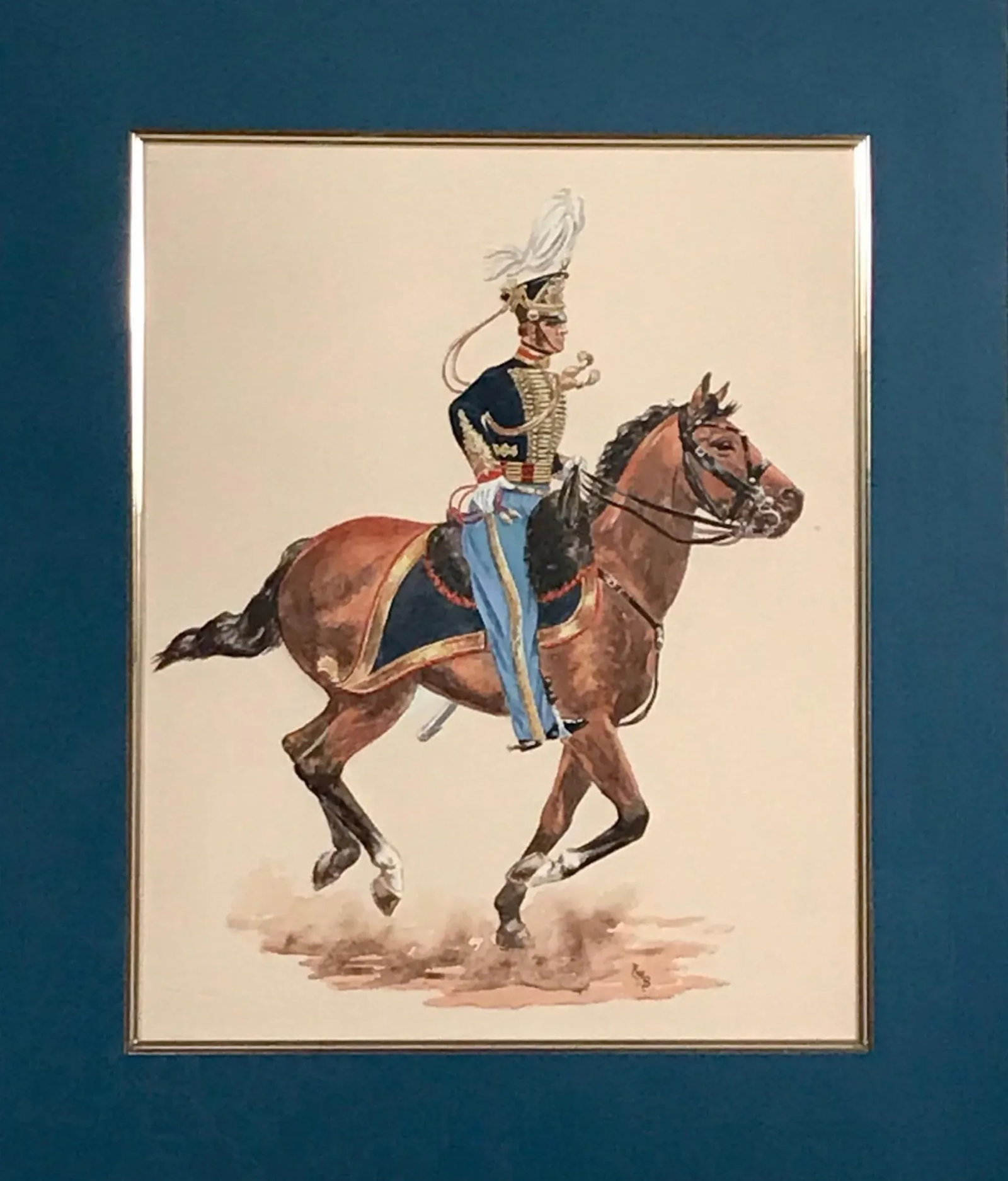 Late 19th Century Framed Watercolor Painting of Cavalry Soldier on Galloping Horse, Monogramed - 2