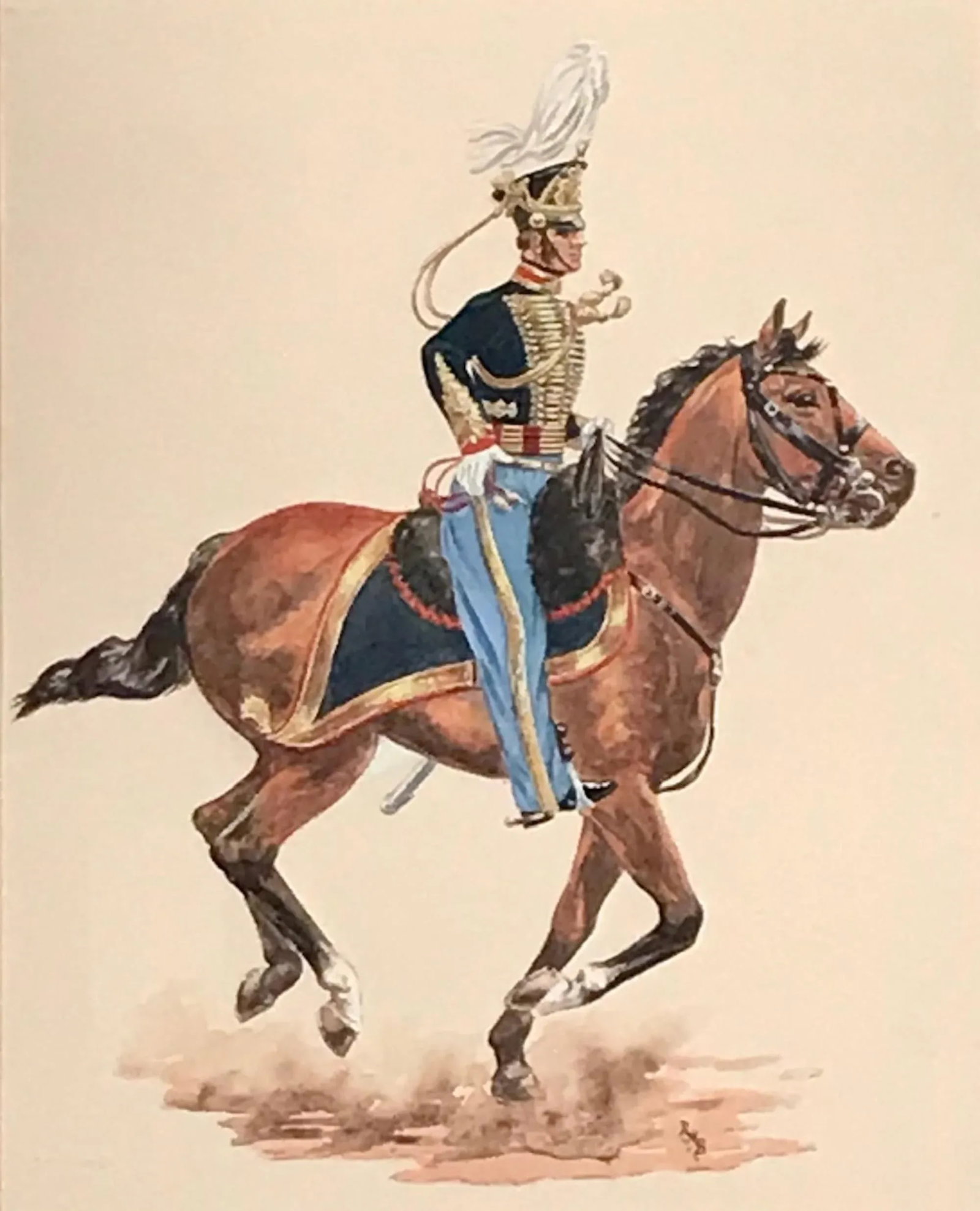 Late 19th Century Framed Watercolor Painting of Cavalry Soldier on Galloping Horse, Monogramed - 3