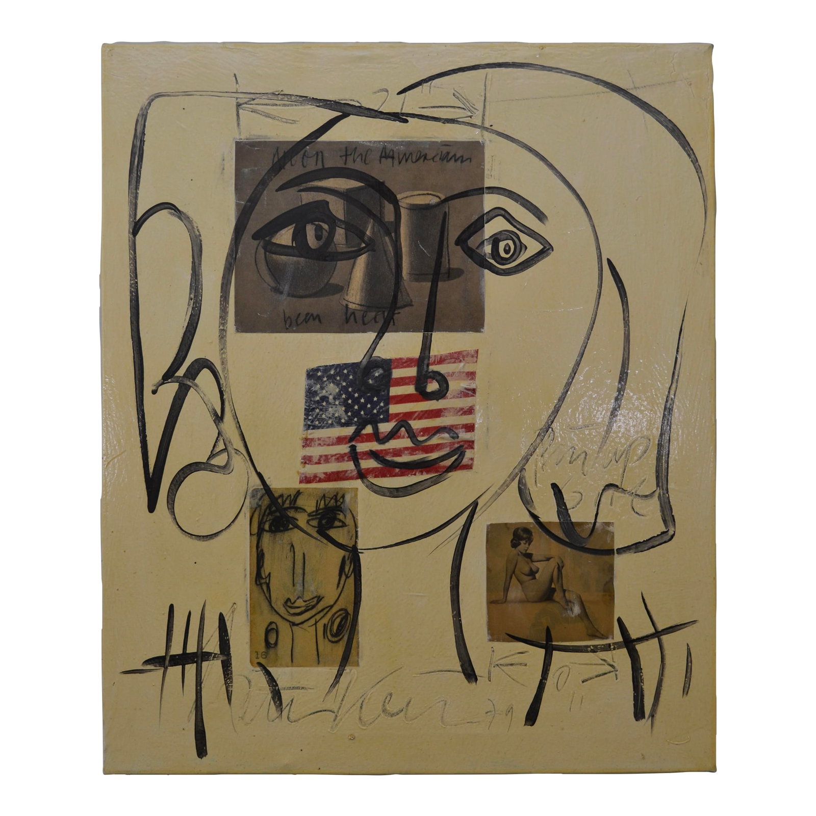 1970s Peter Keil Original Mixed Media Painting "The Moon Program": Original Peter Keil mixed media painting "The Moon Program" depicts several images including Americana and a note "Pin up Girl" over a photograph of a nude female. Signed on the front and the back