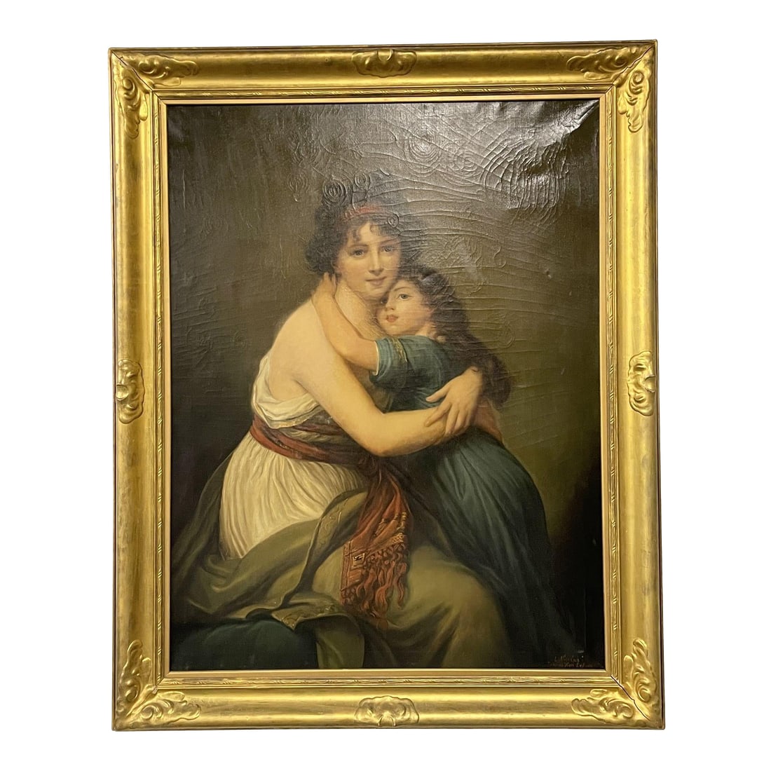 Large Oil Canvas Mother and Child Signed L. Nicolas, Elisabeth Vigee-Lebrun: An Oil on Canvas Signed L. Nicolas. A follower of Nicolas Lancret (Paris 1690 - Paris 1743). This wonderfully detailed oil on canvas of mother and child in a solid carved wood frame. A fine copy of