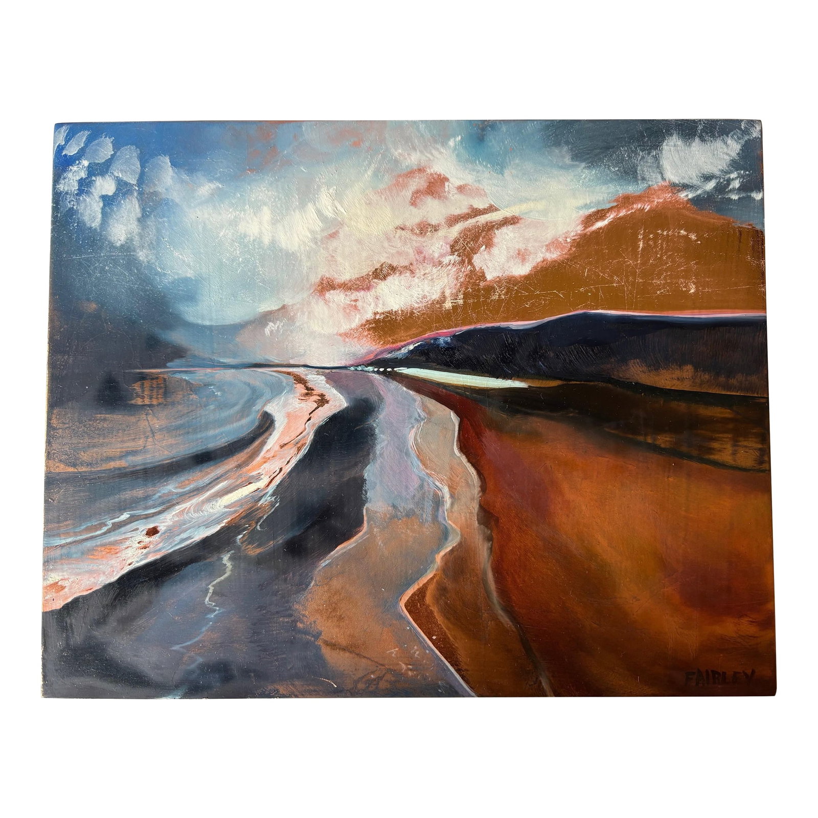 Carpentaria, Original Oil Painting by Jessica Fairley: Carpentaria Sunrise shines from within in this original mixed media masterpiece capturing the sunrise in Carpentaria, California. With copper leafing showing through the underpainting, the sunrise
