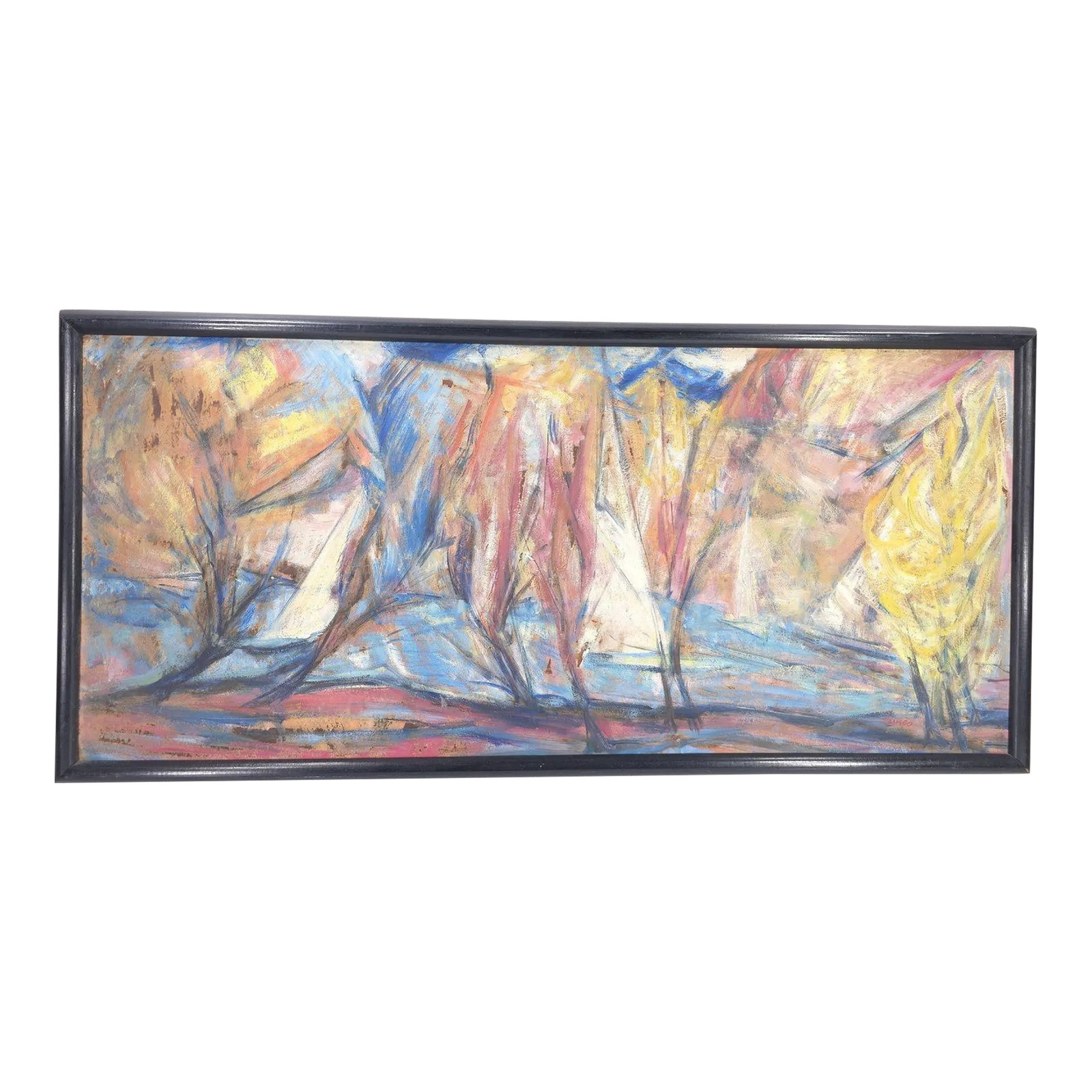 Large Vintage Abstract Oil Painting on Masonite "The River" Signed "Cunco": Lovely framed painting in excellent condition. Signed Cunco Condition: Alterations: Original Condition Unaltered Imperfections: Some Imperfections Condition Notes: There is some soiling on the white
