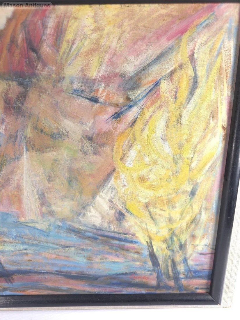 Large Vintage Abstract Oil Painting on Masonite "The River" Signed "Cunco" - 5
