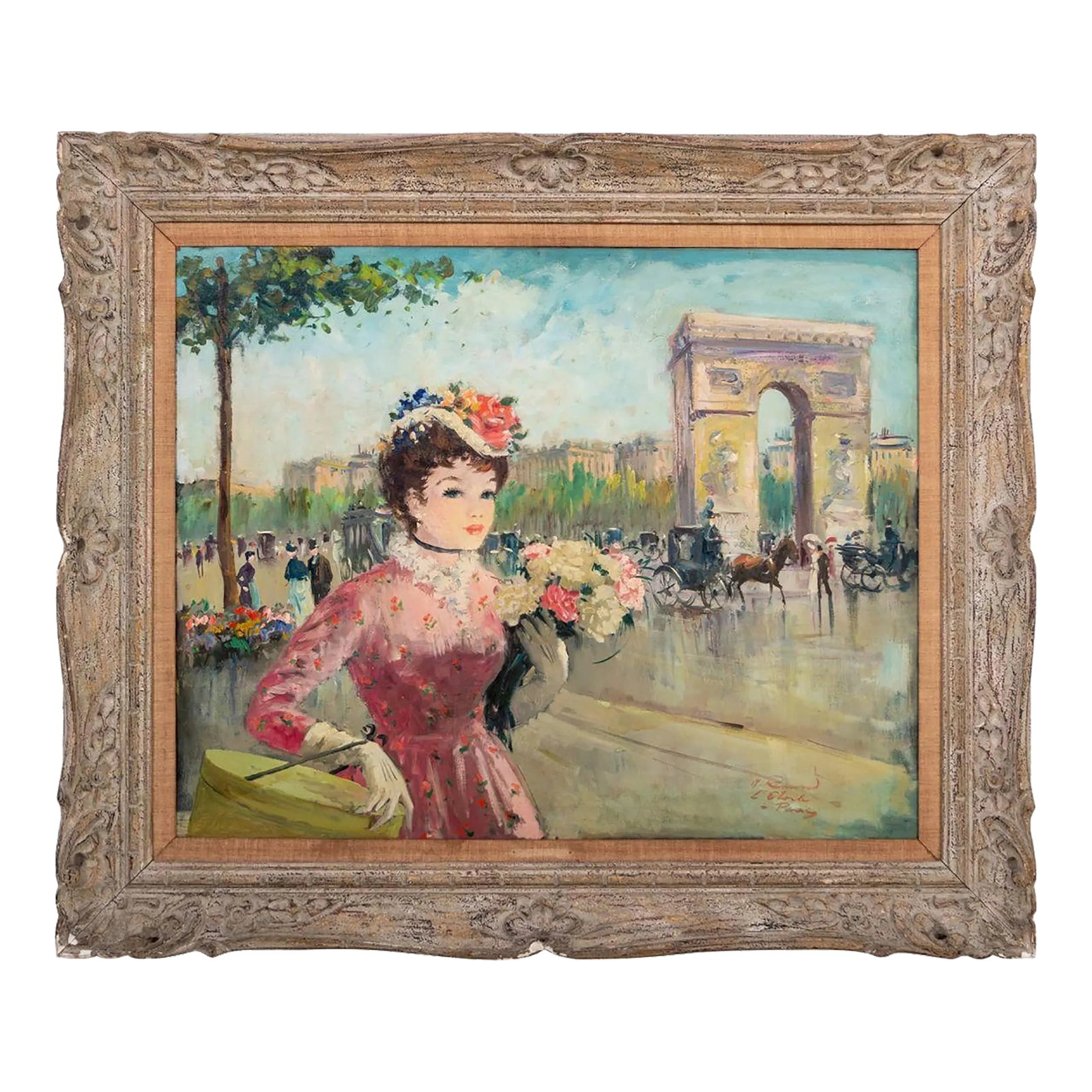 Maurice Renard "L'Etoile a Paris" Oil on Canvas: Maurice Renard (French, XX), "L'Etoile a Paris" [The Star in Paris], Oil on Canvas, depicting a lady in a pink dress walking past the Arc de Triomphe, signed and titled lower right, carved wood
