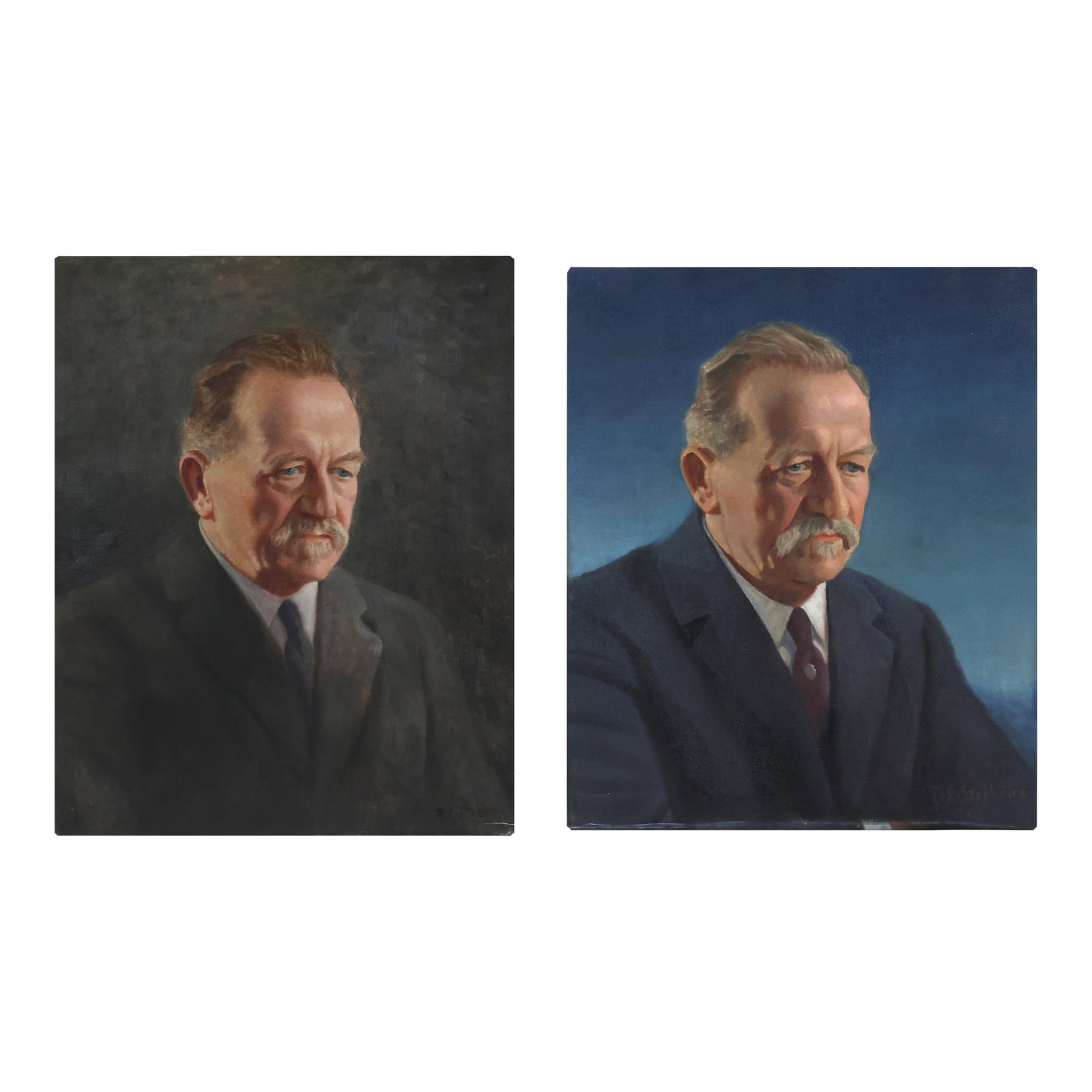 Set of Two Grim and Not So Grim Portrait Paintings of a Businessman: How can you resist this set of 2 original paintings of the same businessman, one made less grim by adding a blue background. These both are original, one of a kind oil on canvas paintings by the same