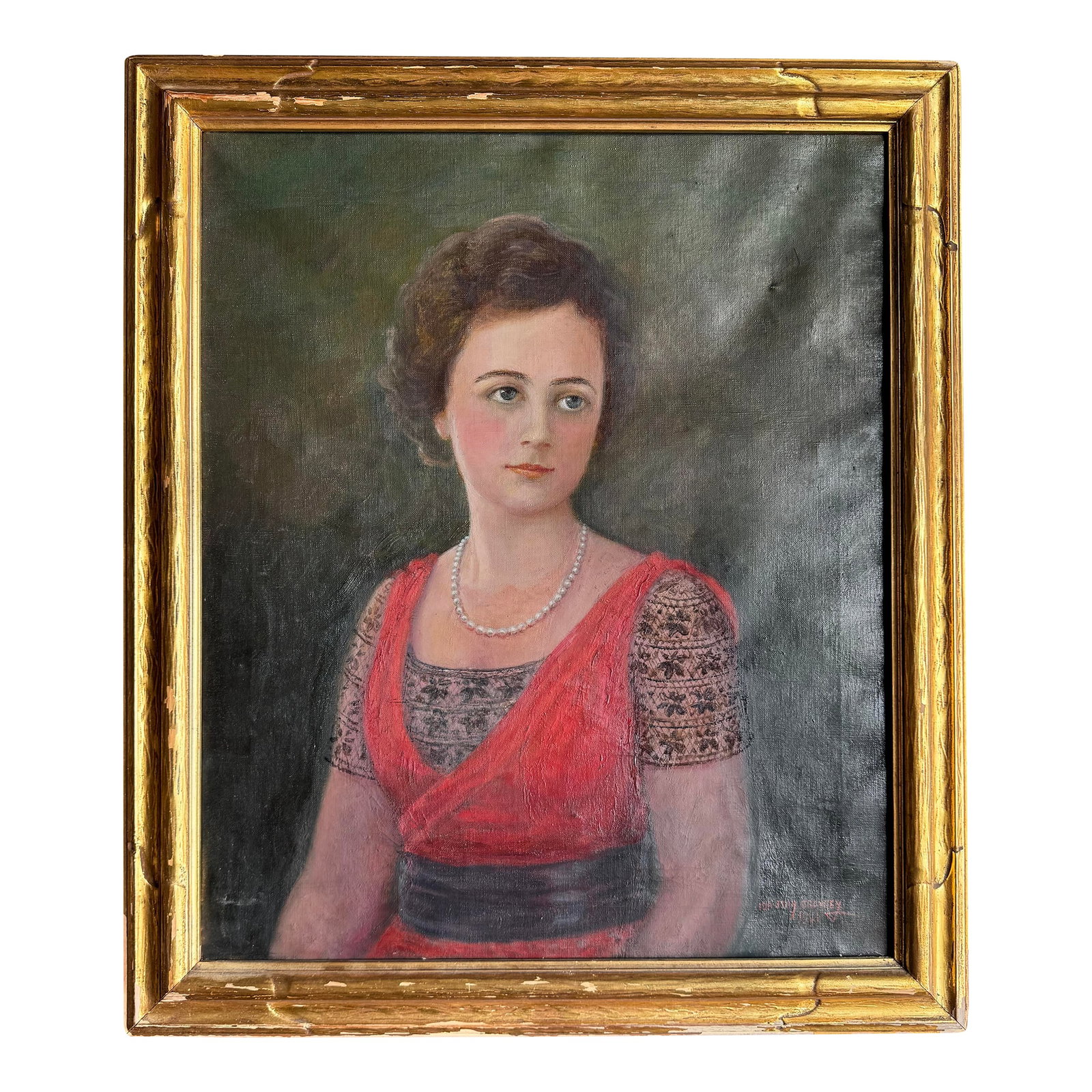 Artist Ida Jolly Crawley: Portrait of Woman in Red Dress: Ida Jolly Crawley, 1941, painting of distinctive, elegant woman in red dress with lace cap sleeves and pearl necklace in gold frame. Condition: Alterations: Original Condition Unaltered