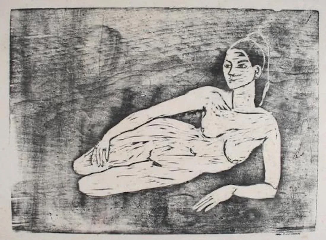 Reclining Female Nude 1960-70s Monochromatic Woodcut: This 1960-70s woodcut monochromatic print of a reclining female nude is by Bay Area printmaker, painter, and book artist Carol Cunningham (1925-2013). She founded Sunflower Press in Marin in the