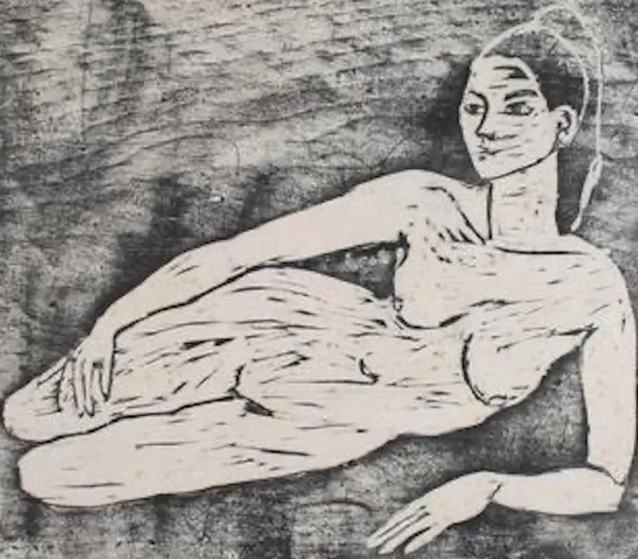 Reclining Female Nude 1960-70s Monochromatic Woodcut - 2