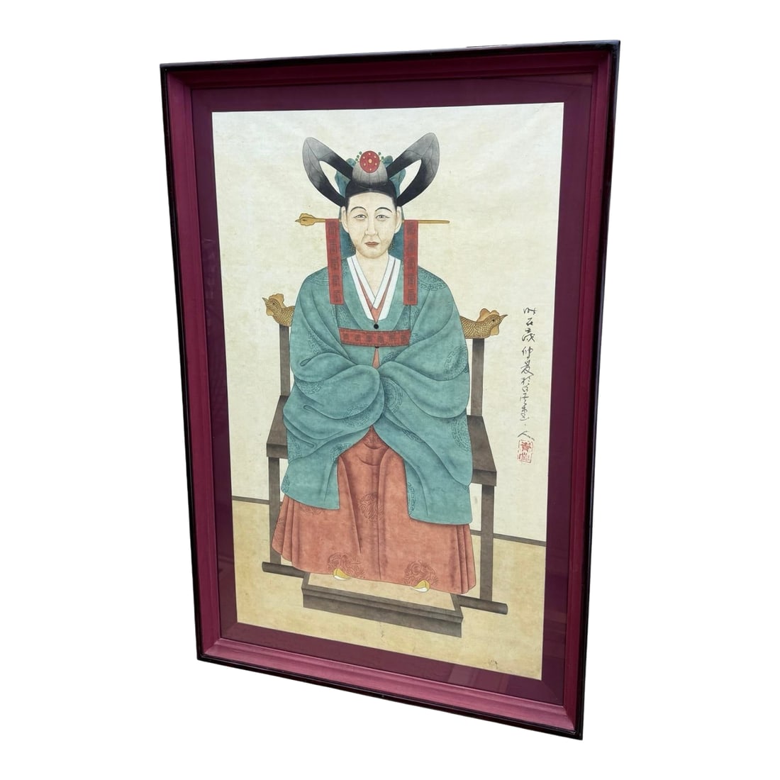 Korean Ancestor Portrait Large Scale Framed Painting: Antique Korean Ancestor Large Format Painting. Professionally framed in Korea with burgundy silk exterior matting. Brass hardware for hanging. Condition: Alterations: Original Condition Unaltered