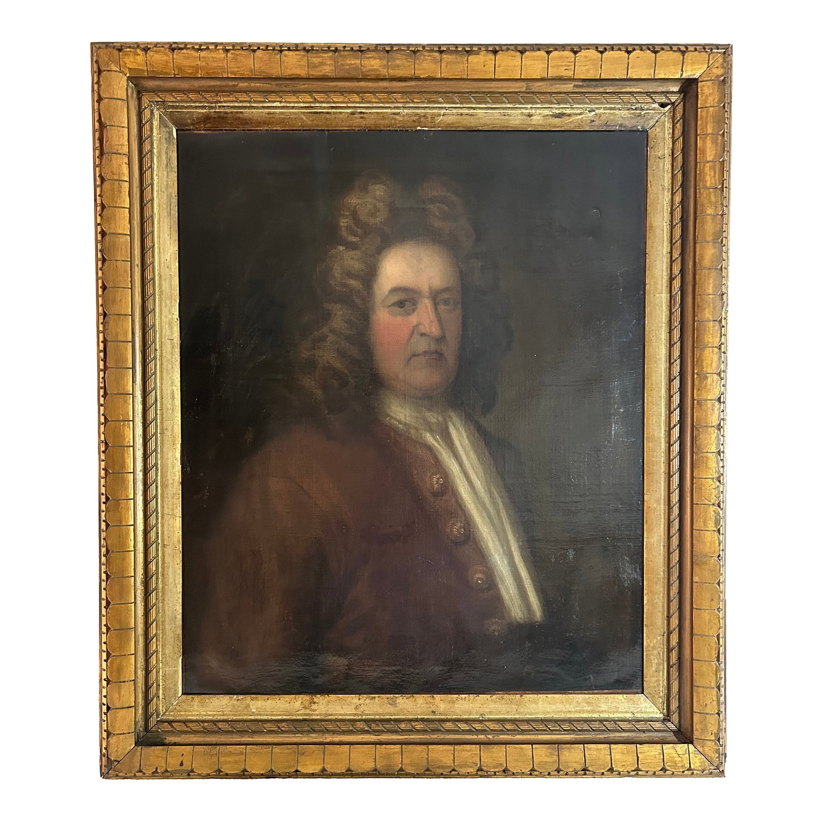 Antique English School Portrait of a Gentleman: Antique oil on canvas portrait of a stately gentleman. Likely English from the late 1700's. or early 1800's. The painting is unsigned and the gentleman is not identified. Comes in carved gold wood