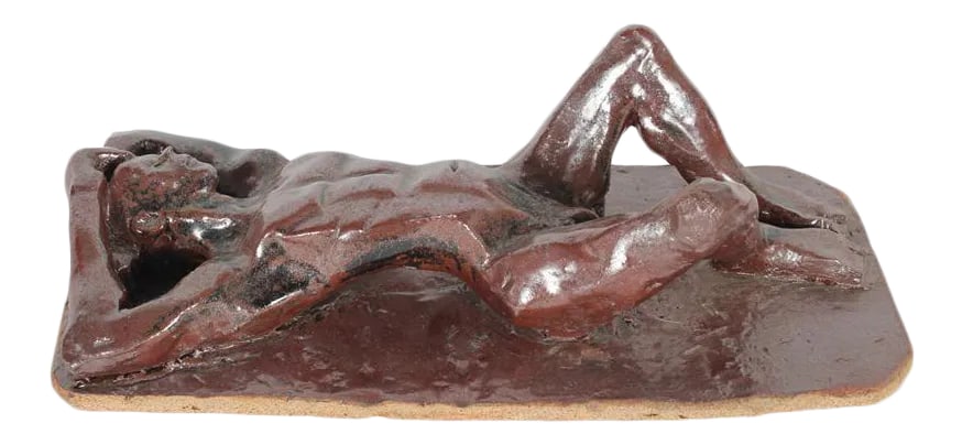 Figure at Rest 2001 Clay Sculpture in Brown: This 2001 Modernist clay sculpture is by Viennese/ Southern California artist Dave Fox (1920-2011). Fox received his BFA, MA and MFA from California State University, Fullerton. He was inspired by