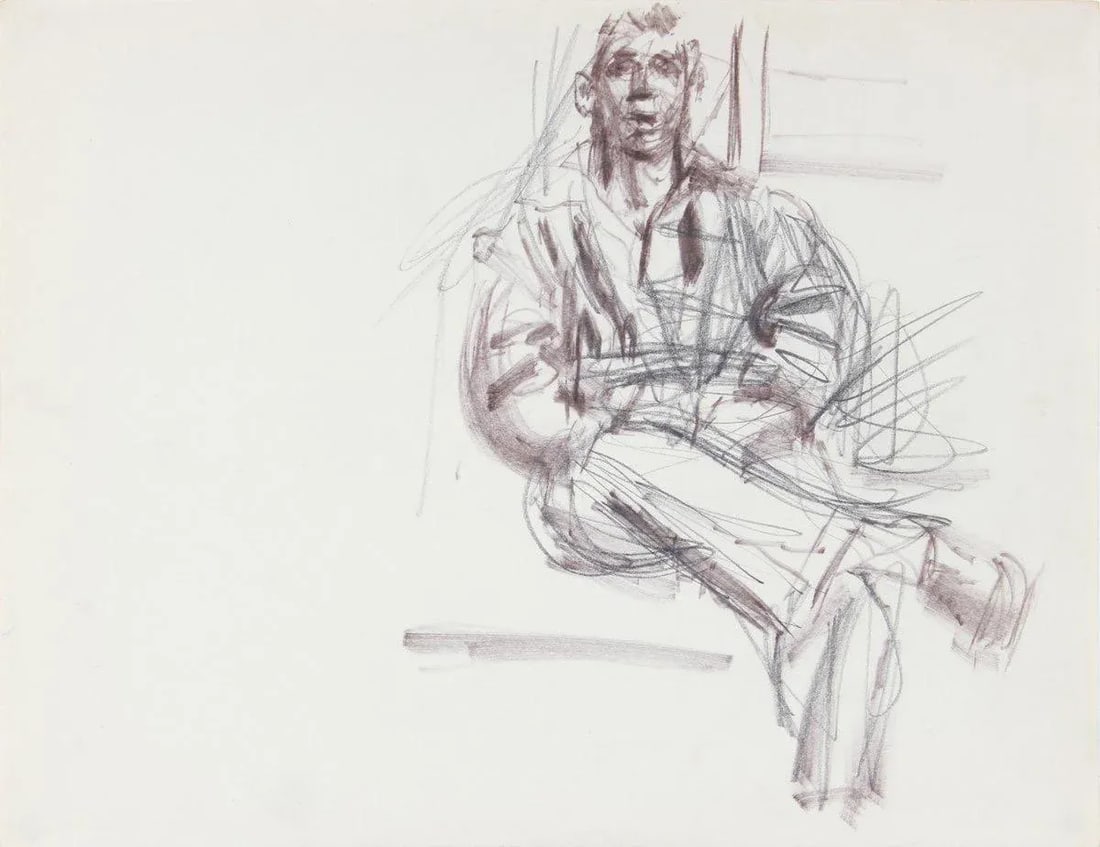 Expressionist Seated Figure Sketch 1940-50s Ink & Graphite: This 1940-50s ink and graphite on paper seated figure study is by second generation New York School artist Richard Caldwell Brewer (1923-2014). Brewer along with his charmed circle of artist friends,
