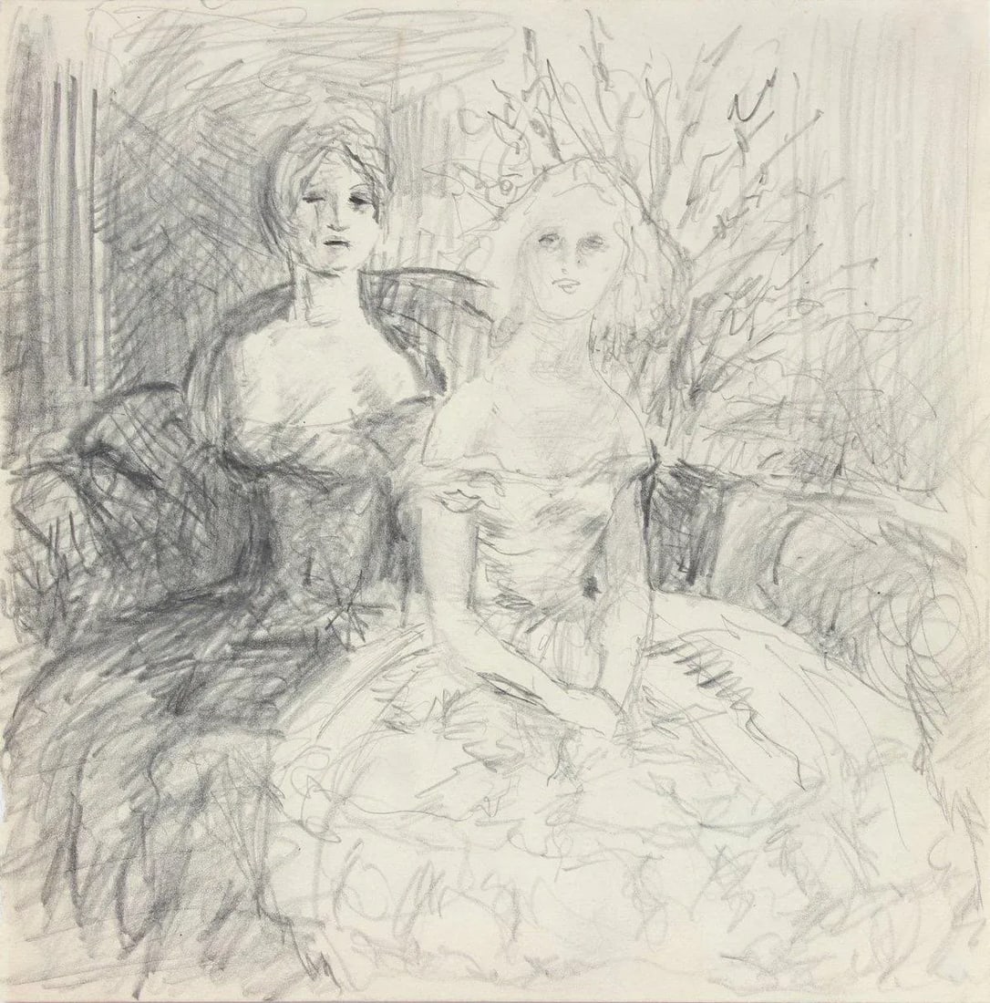 Vintage Drawing of Two Society Ladies 1940-50s Graphite: This 1940-50s graphite on paper drawing of two women is by second generation New York School artist Richard Caldwell Brewer (1923-2014). Brewer along with his charmed circle of artist friends,