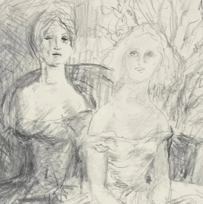 Vintage Drawing of Two Society Ladies 1940-50s Graphite - 2