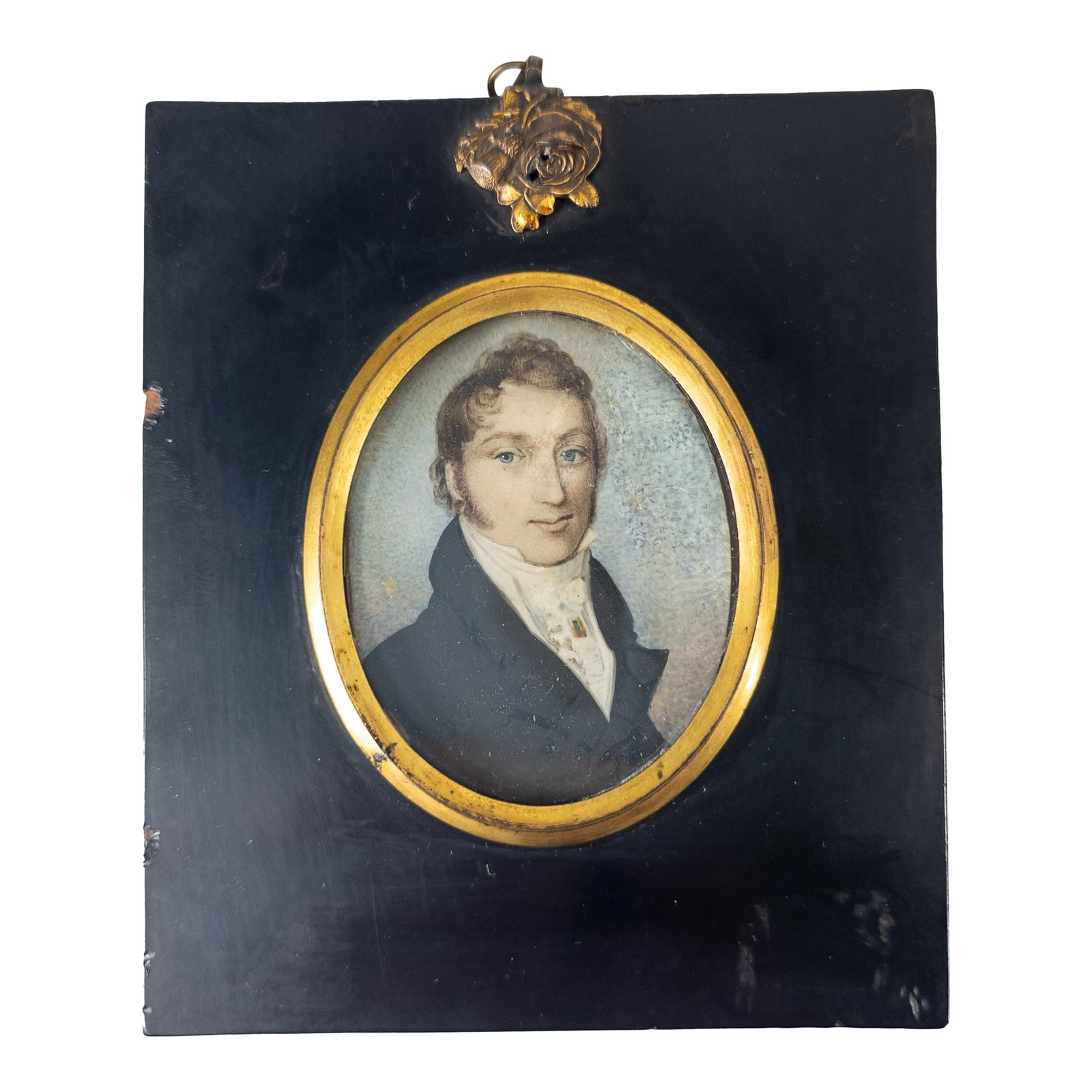 19th Century American Miniature Watercolor Portrait of a Fancy Gentleman: We are selling this lovely little miniature portrait painting of a well dressed gentleman. This miniature is probably French or English and is well painted. The gentleman is wearing a fine suit and ha