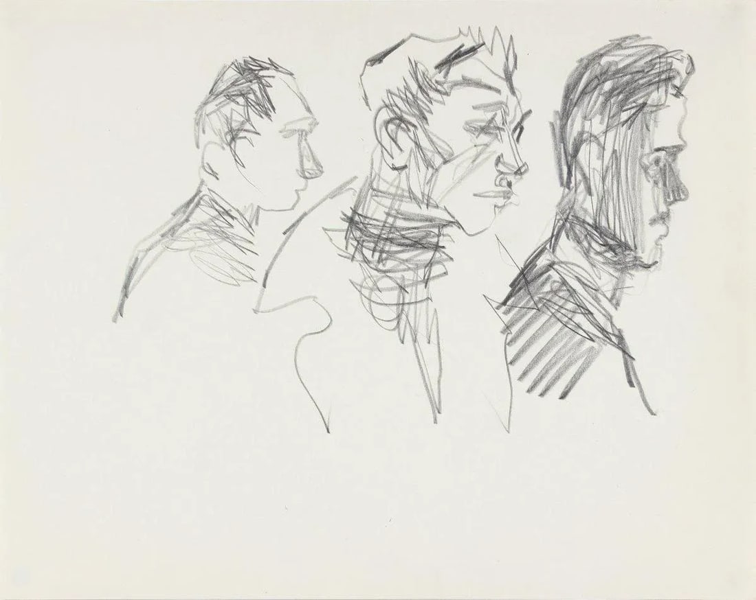 Three Modernist Faces 1940-50s Graphite: This 1940-50s graphite on paper Modernist portrait study is by second generation New York School artist Richard Caldwell Brewer (1923-2014). Brewer along with his charmed circle of artist friends,