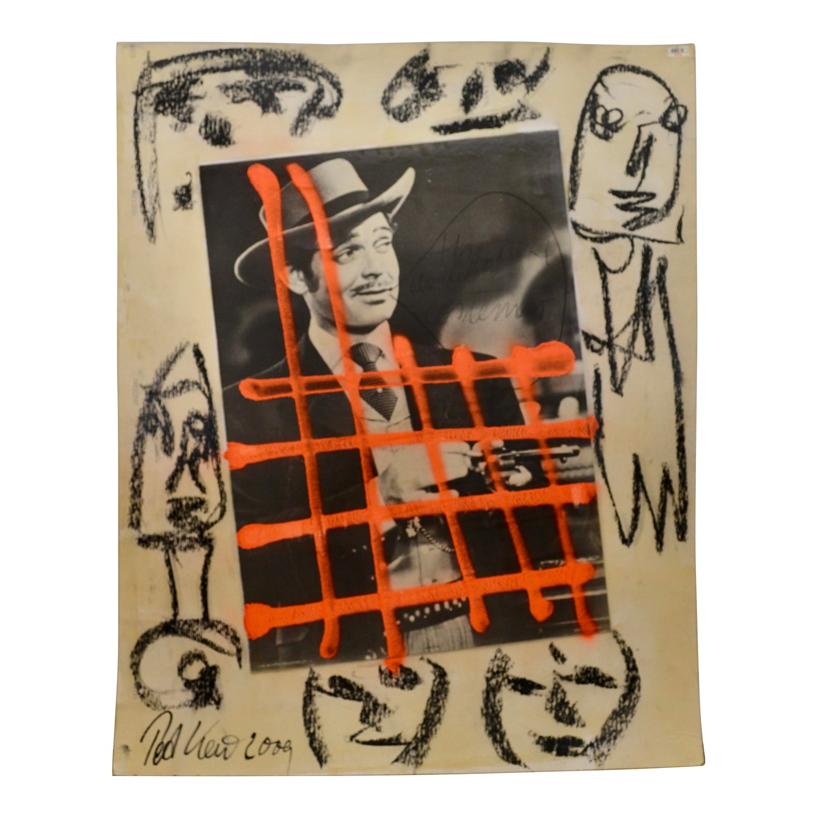 Original Peter Keil Mixed Media Painting "Clark Gable" 2009: Original mixed media painting on art board paper by renowned German artist Peter Keil. Photo of Clark Gable applied to board with charcoal and paint flourishes. Signed and dated 2009 on front. Does