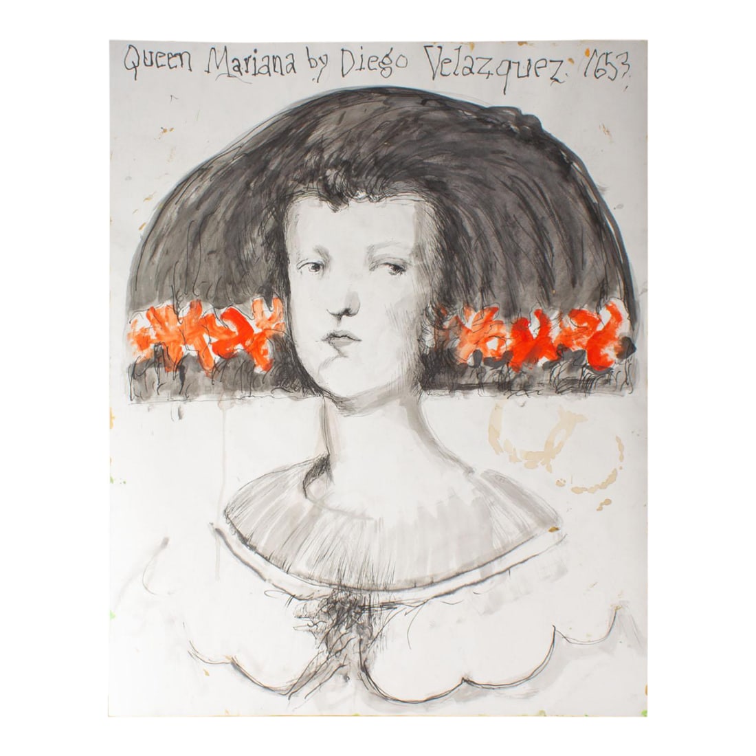 "Queen Mariana by Diego Velazquez" Mixed Media Painting by James L. Bruch: A mixed media painting by the American artist James L. Bruch (1942-2023). This work was painted after the Baroque portrait painting "Queen Mariana" by Diego Velazquez and reimagines Velazquez's Baroqu