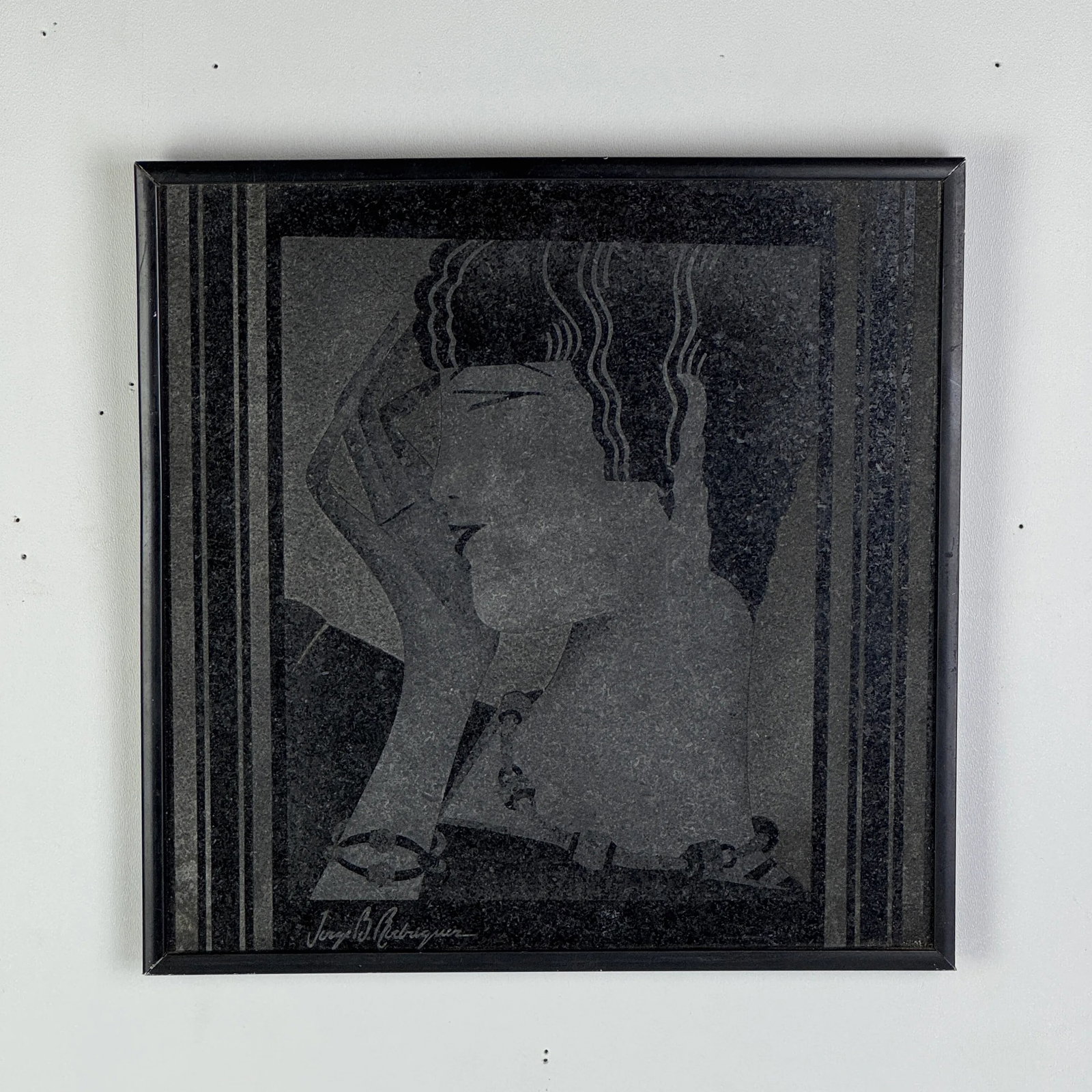 1920s Framed Art Deco Etched Art Work on Black Stone of Fashionable Woman, Signed - 3