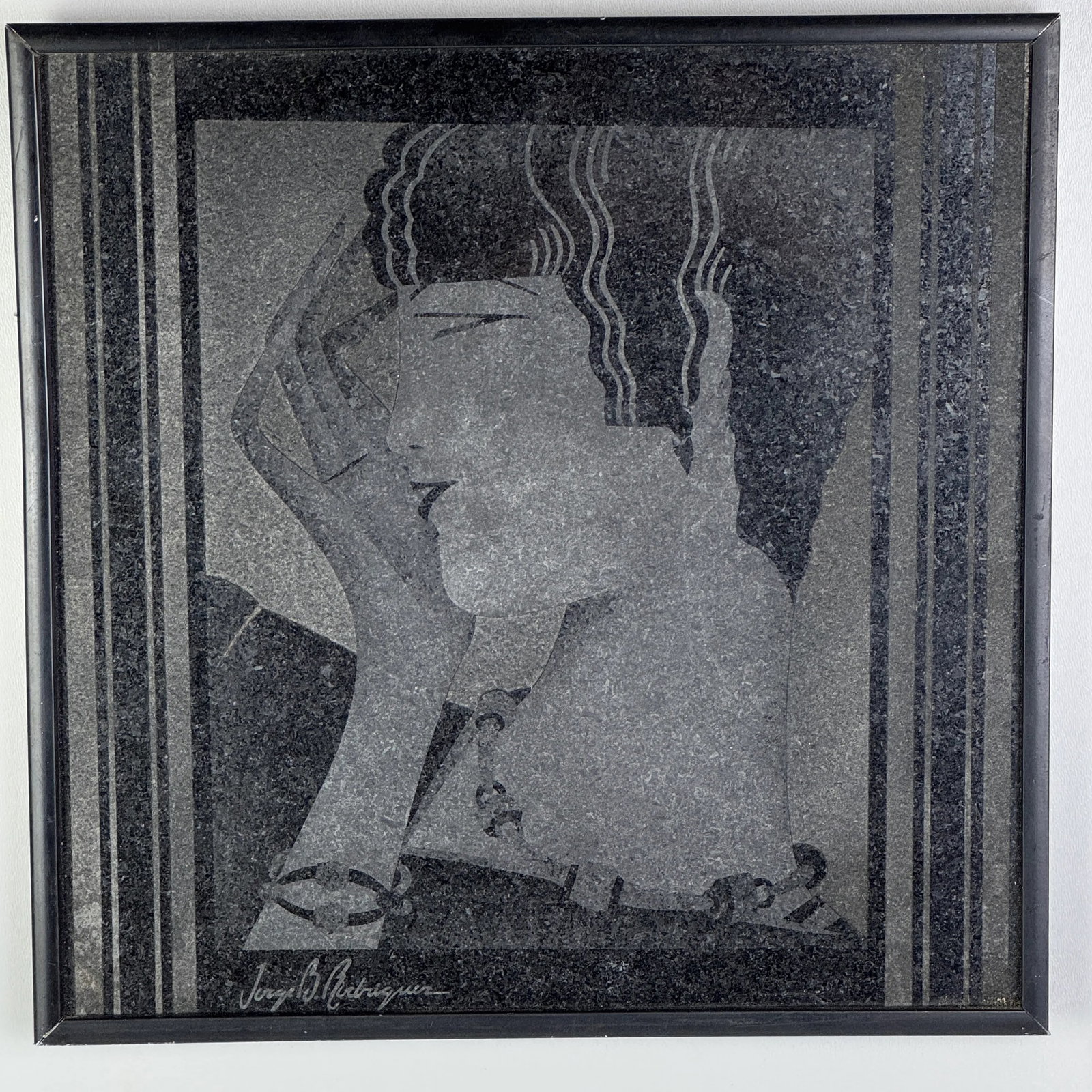 1920s Framed Art Deco Etched Art Work on Black Stone of Fashionable Woman, Signed - 5
